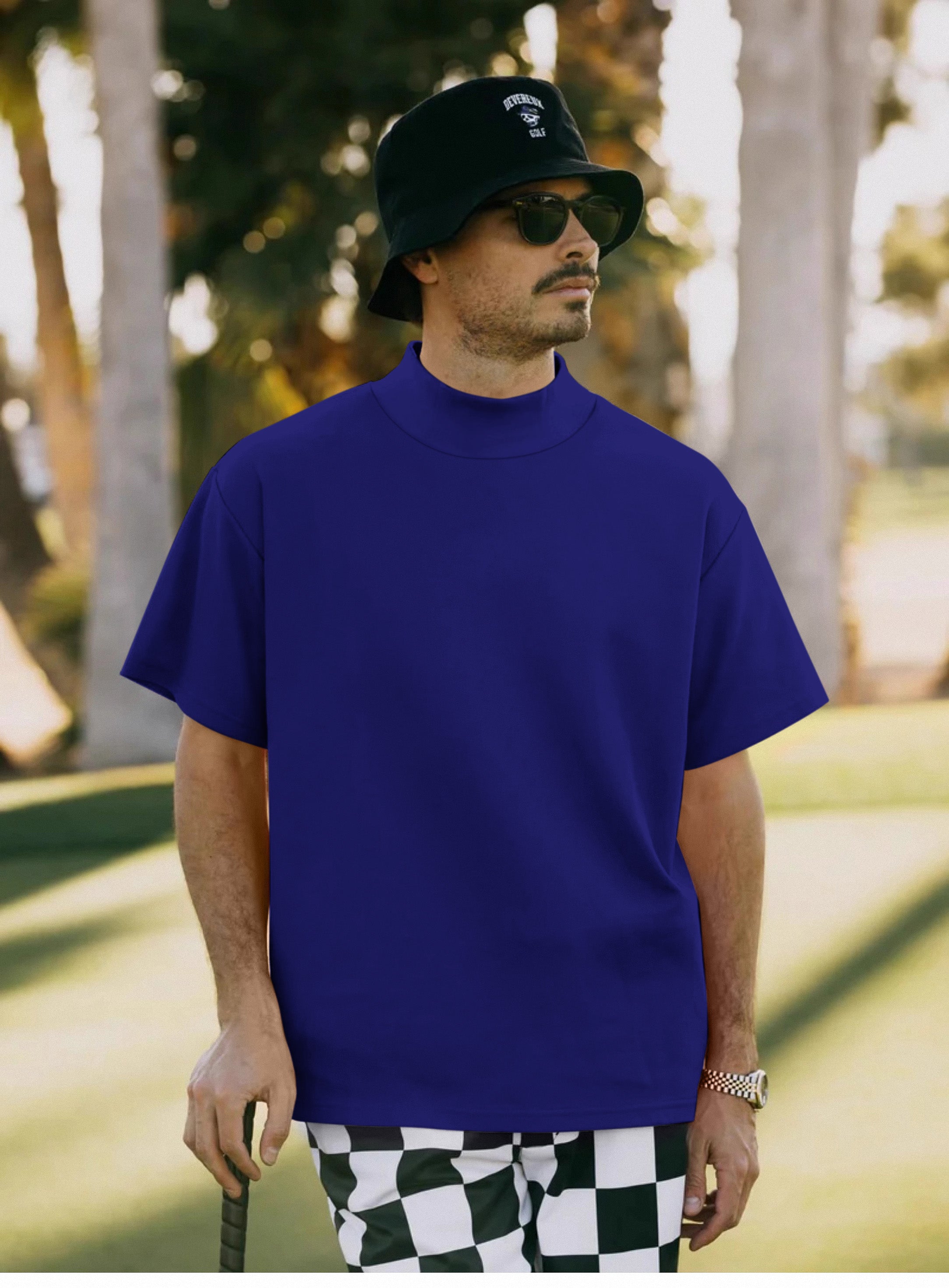 Men's pure navy Pullover High neck Long/Short sleeve T-Shirt