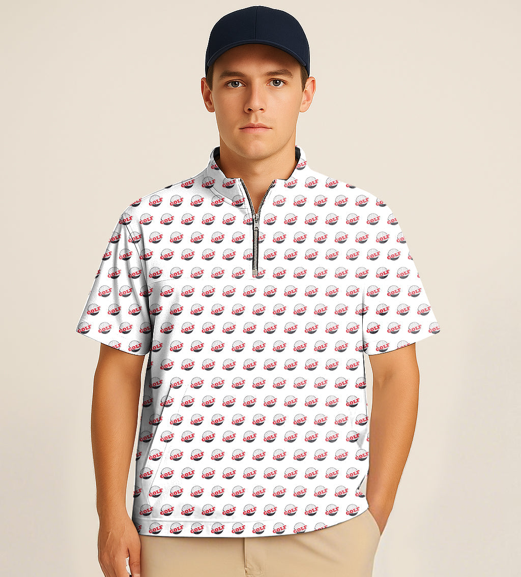 Male model wearing half zipper turtleneck golf short shirt with printed pattern and cap