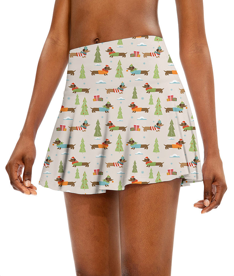 Women's athletic golf skort with Christmas Dachshund print and flared design