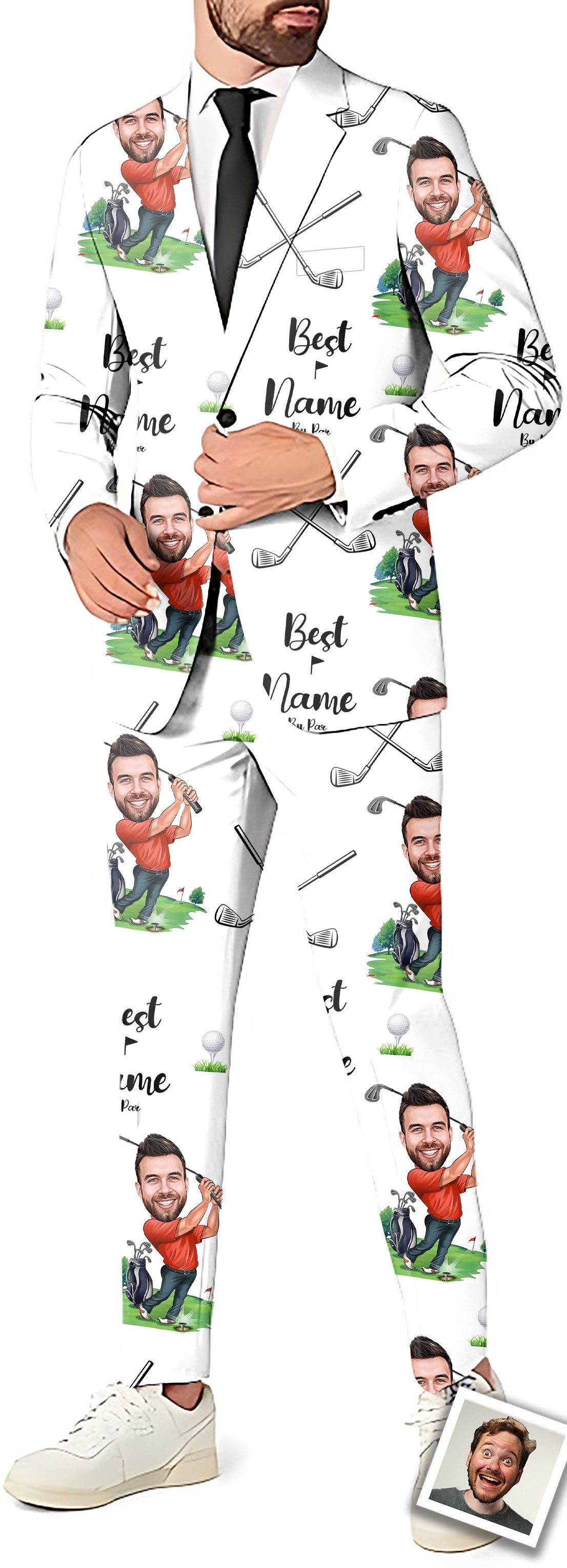 Men's custom facename party suit with personalized photo and name blazer, pants, and vest set