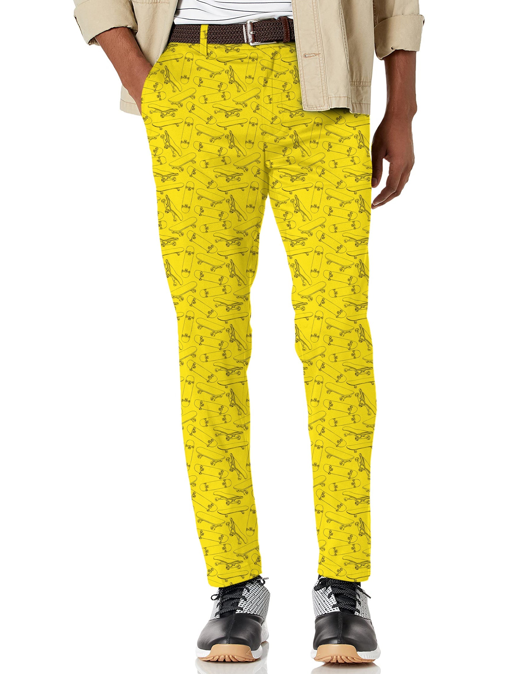 Men's yellow skateboard print stretch golf pants with moisture-wicking fabric and classic pockets