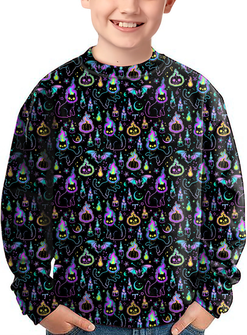 Kids Halloween ghost pumpkin cat crewneck pullover with colorful spooky pattern