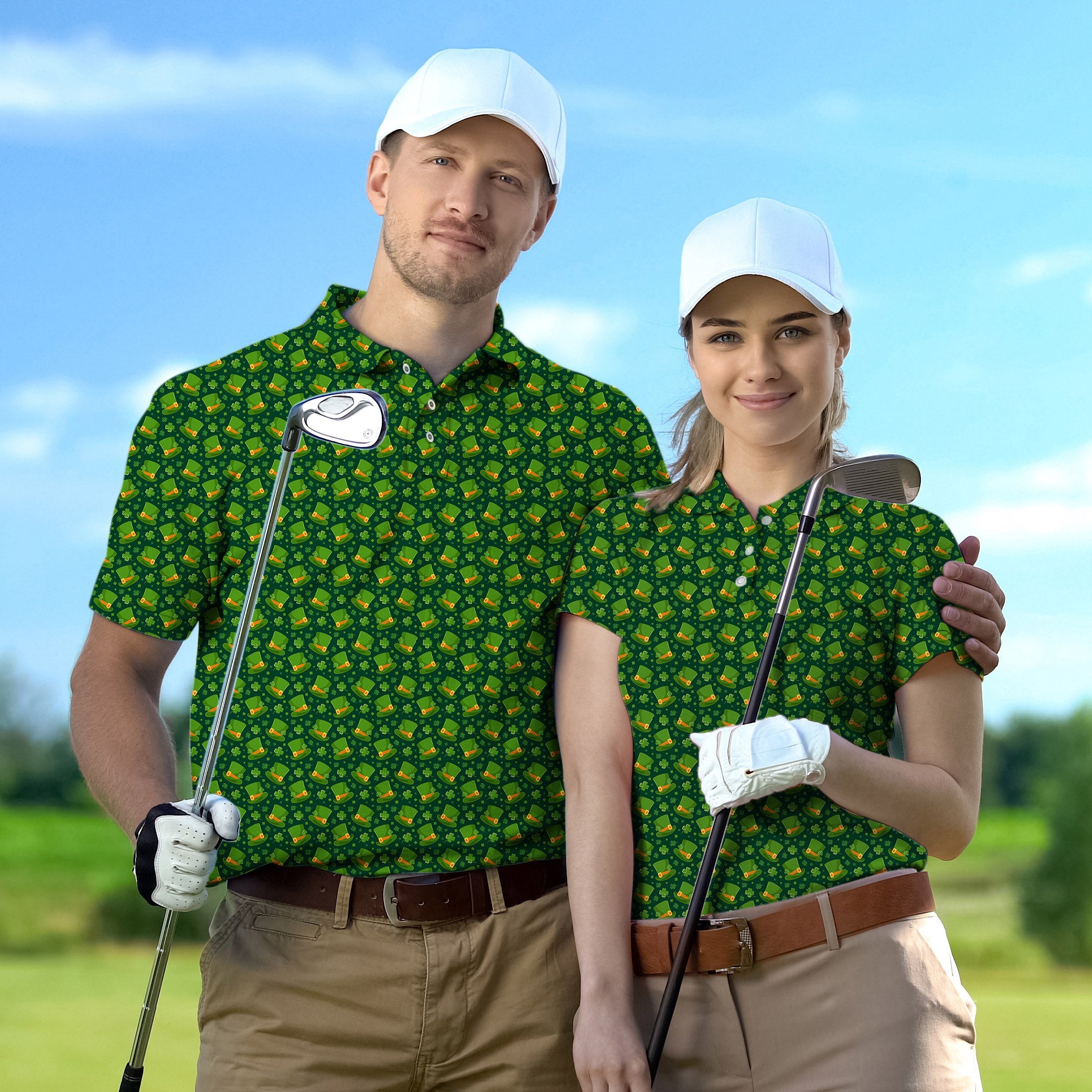 Golf polo couple wearing matching St. Patrick's Day themed green clover leaf shirts with white caps on golf course