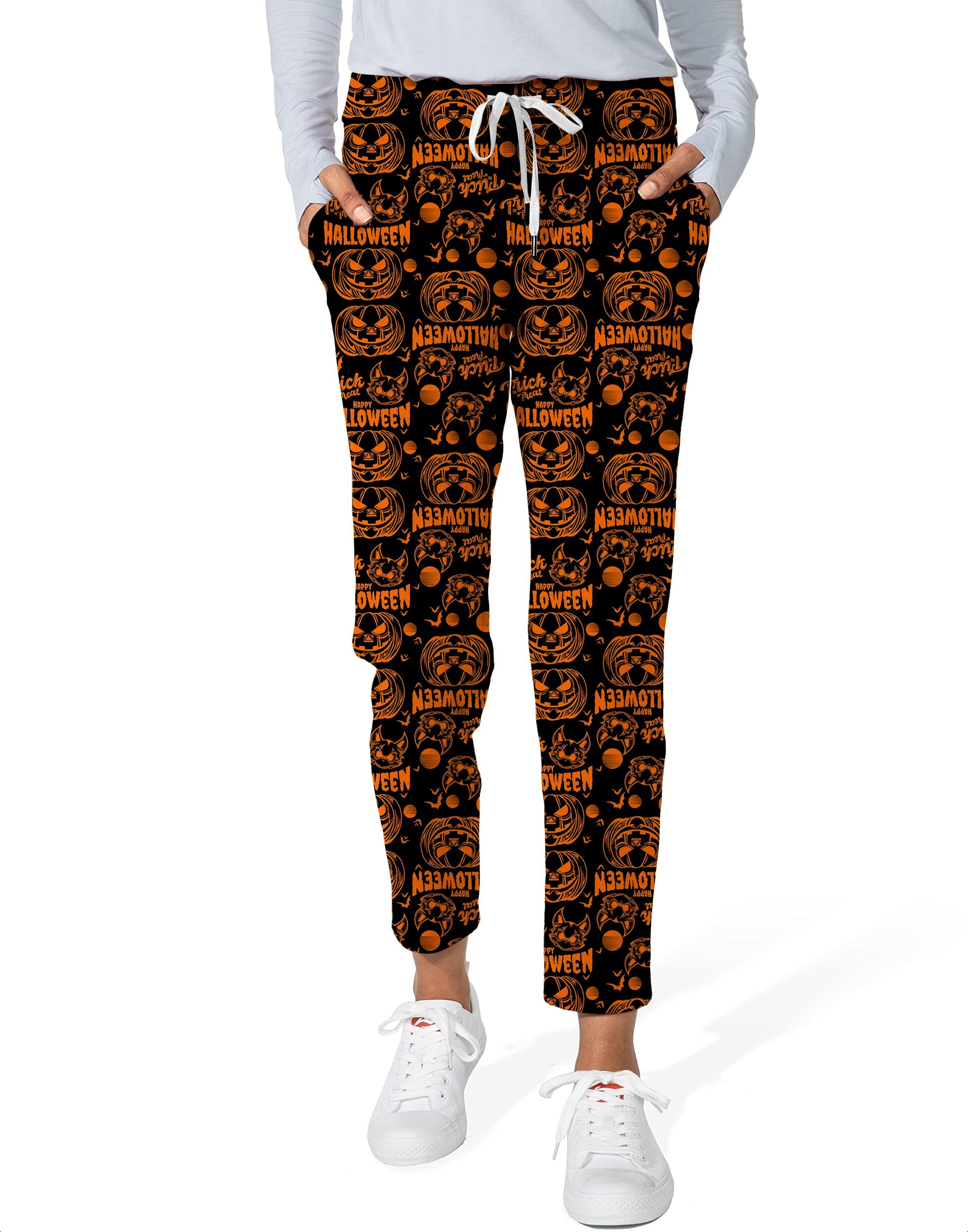 Women's Halloween pumpkin print stretch ankle golf pants with drawstring waistband