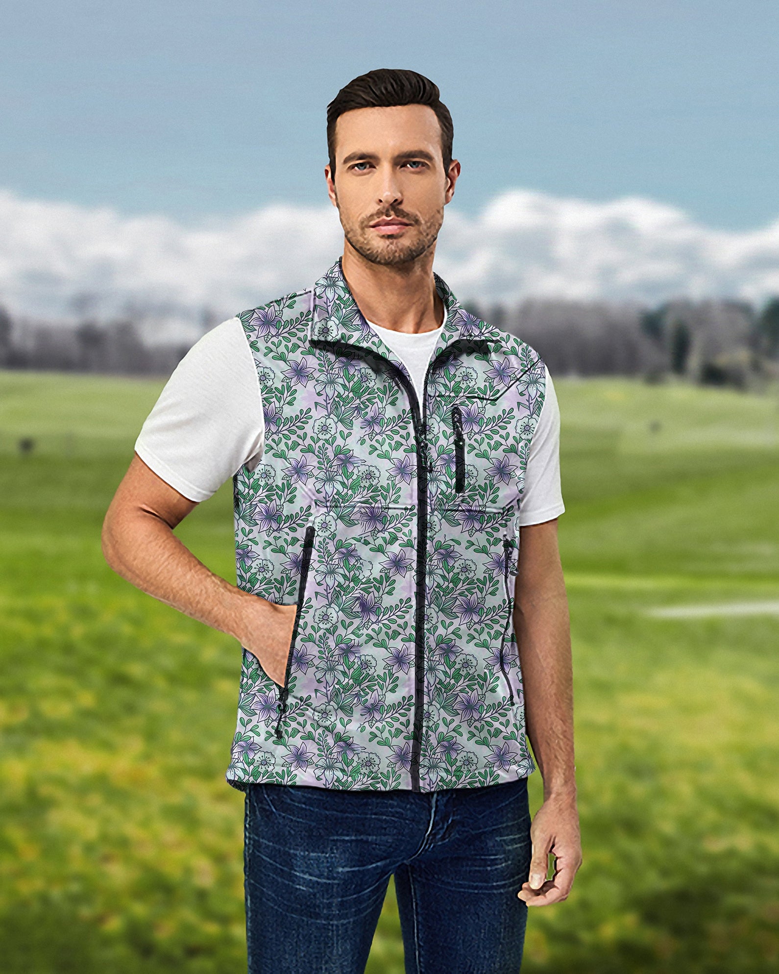 Men's Purple flowers Lightweight Softshell Vest Sleeveless Jacket for Golf Windproof Waterproof