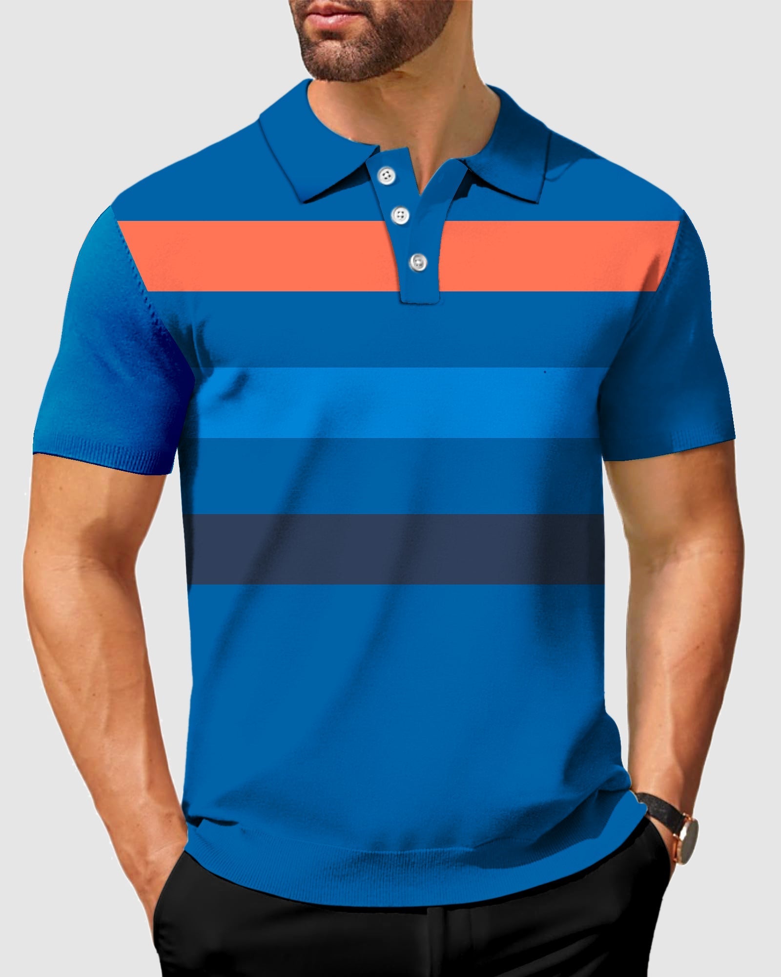 Men's polo shirt with thick horizontal stripes in blue and orange, moisture-wicking, wrinkle-resistant, UPF 40+ protection, and four-way stretch fabric.