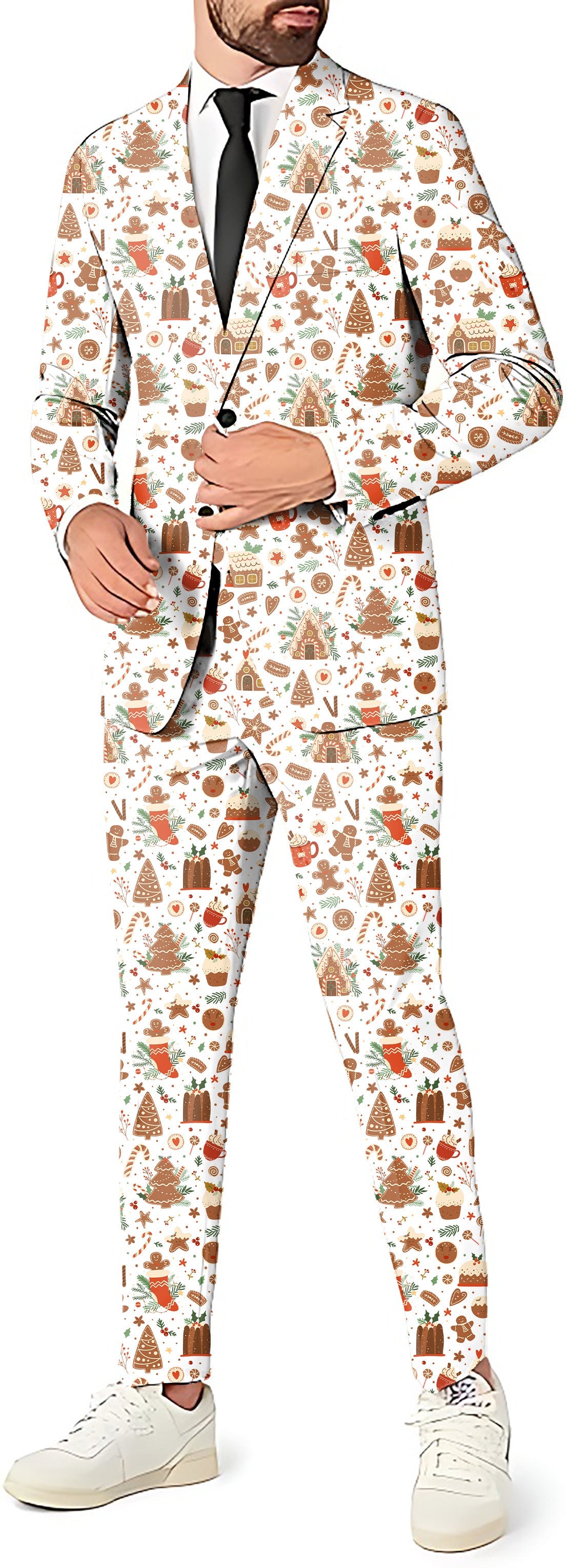 White Christmas Candy House men's party costume suit with blazer, pants, and vest in festive candy house print