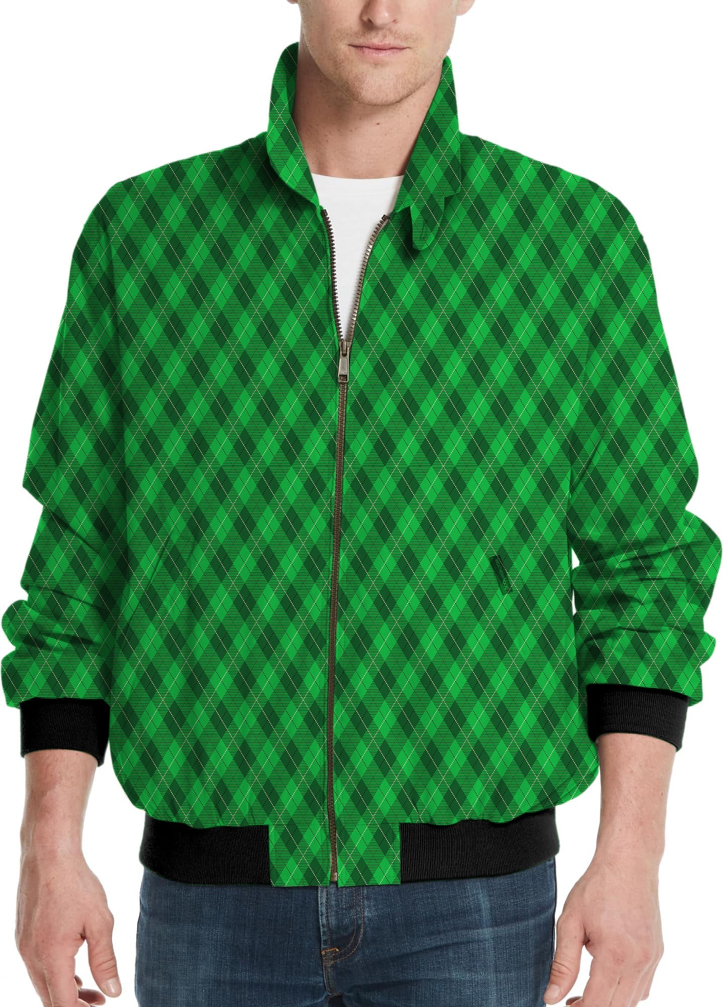 St. Patrick's Day men's green plaid golf windbreaker jacket with zipper
