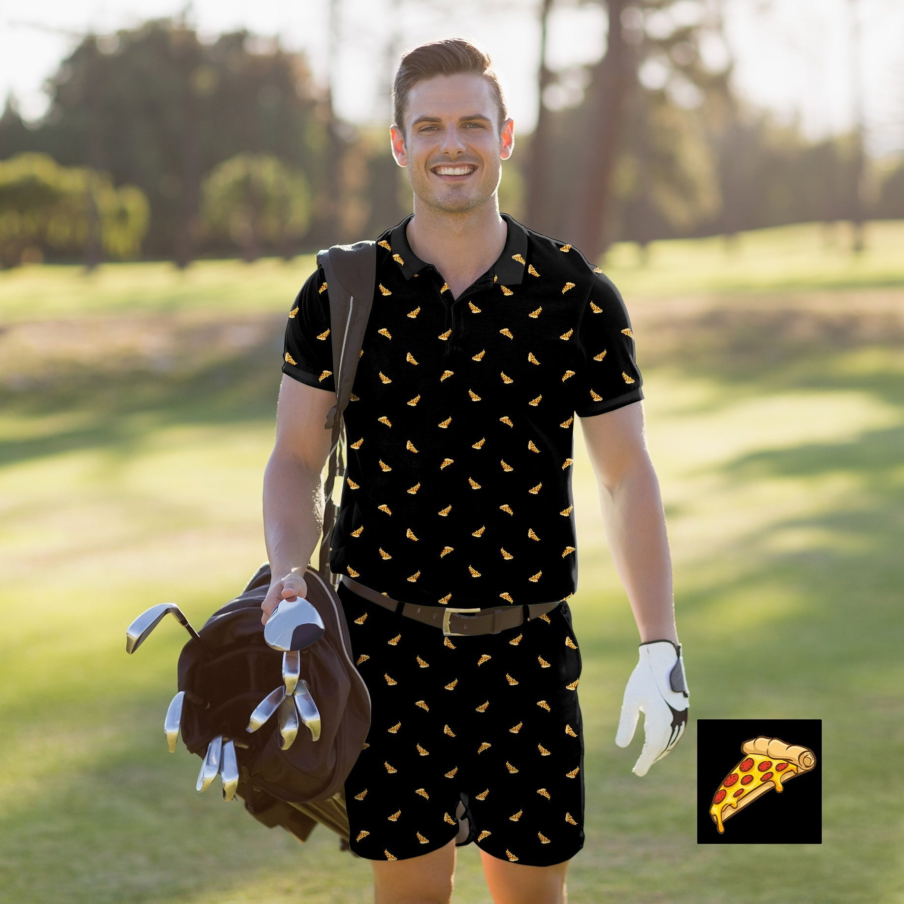 Men's golf set polo and shorts with custom white pizza pattern, breathable moisture-wicking fabric, wrinkle-resistant and UPF 40+ protection.