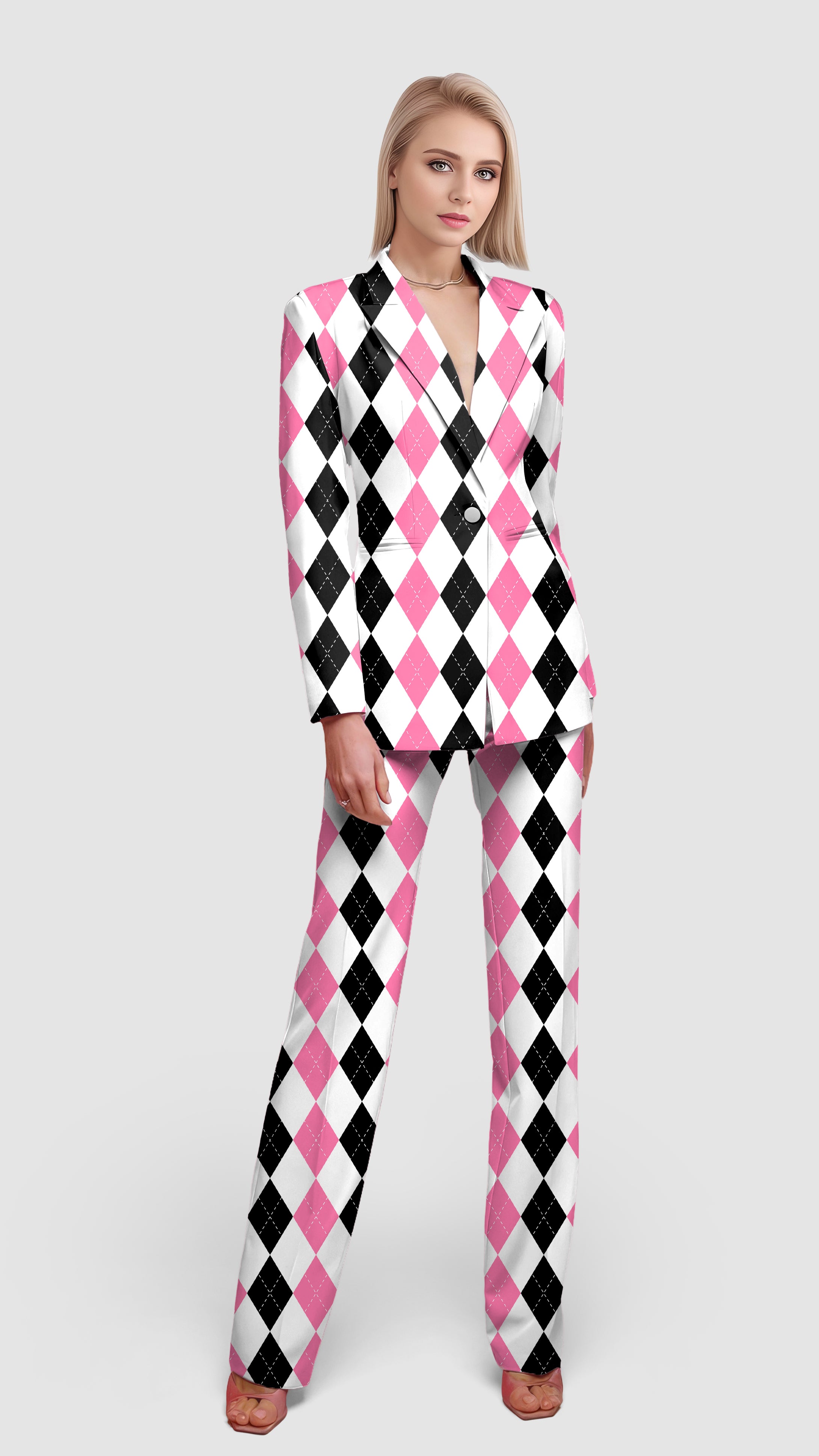 pink black argyle-Women's Blazer Casual Work Office Blazer Suit set