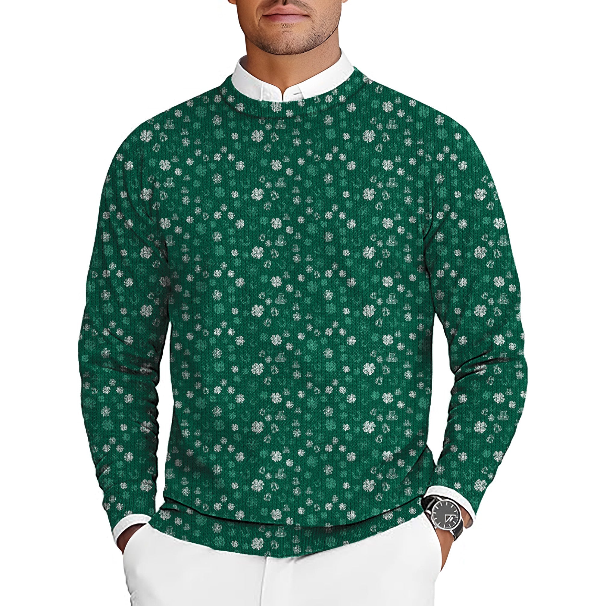 Green beer clover leaf men's St. Patrick's Day golf crewneck pullover ugly sweater