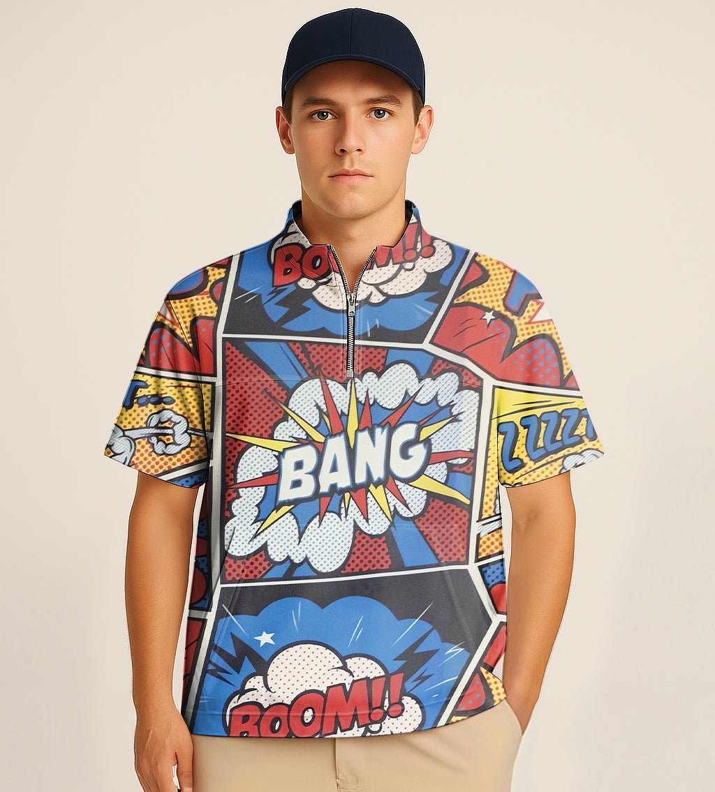 Men's half zipper turtleneck golf short shirt with colorful comics embroidery design