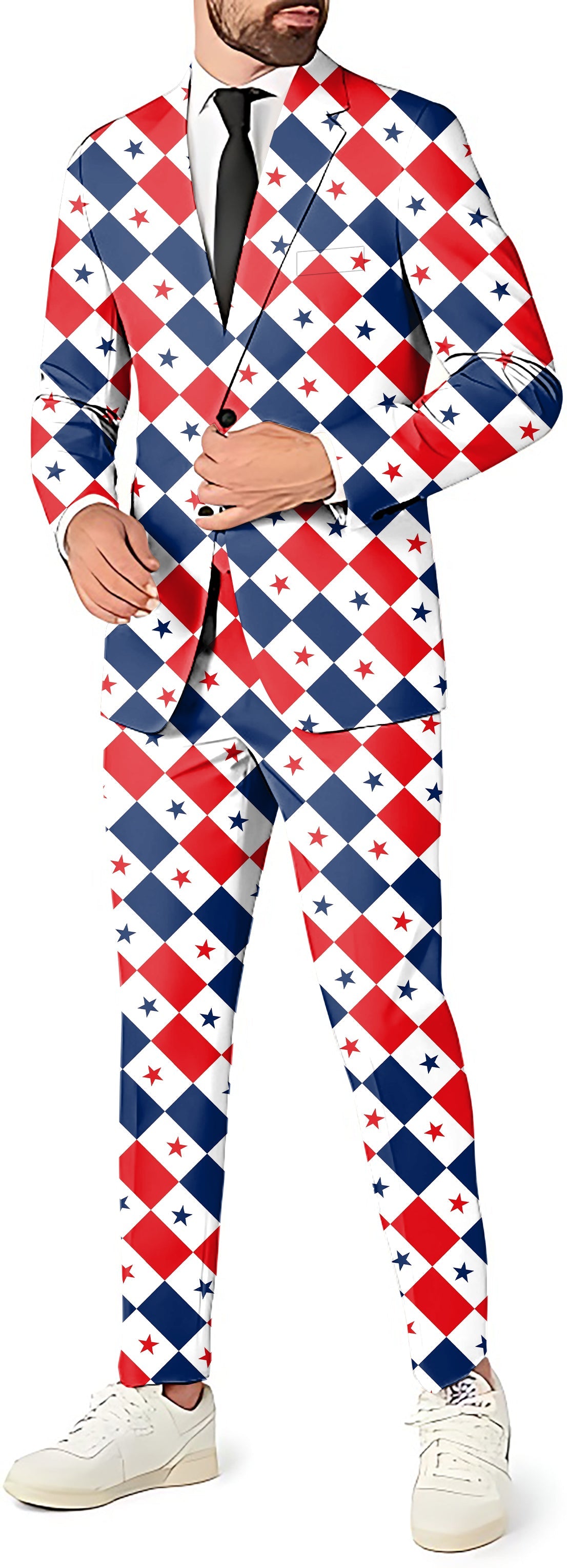 Men?¡¥s party costume blazer, pants, and vest set with Argyle US Star flag pattern in red, white, and blue colors