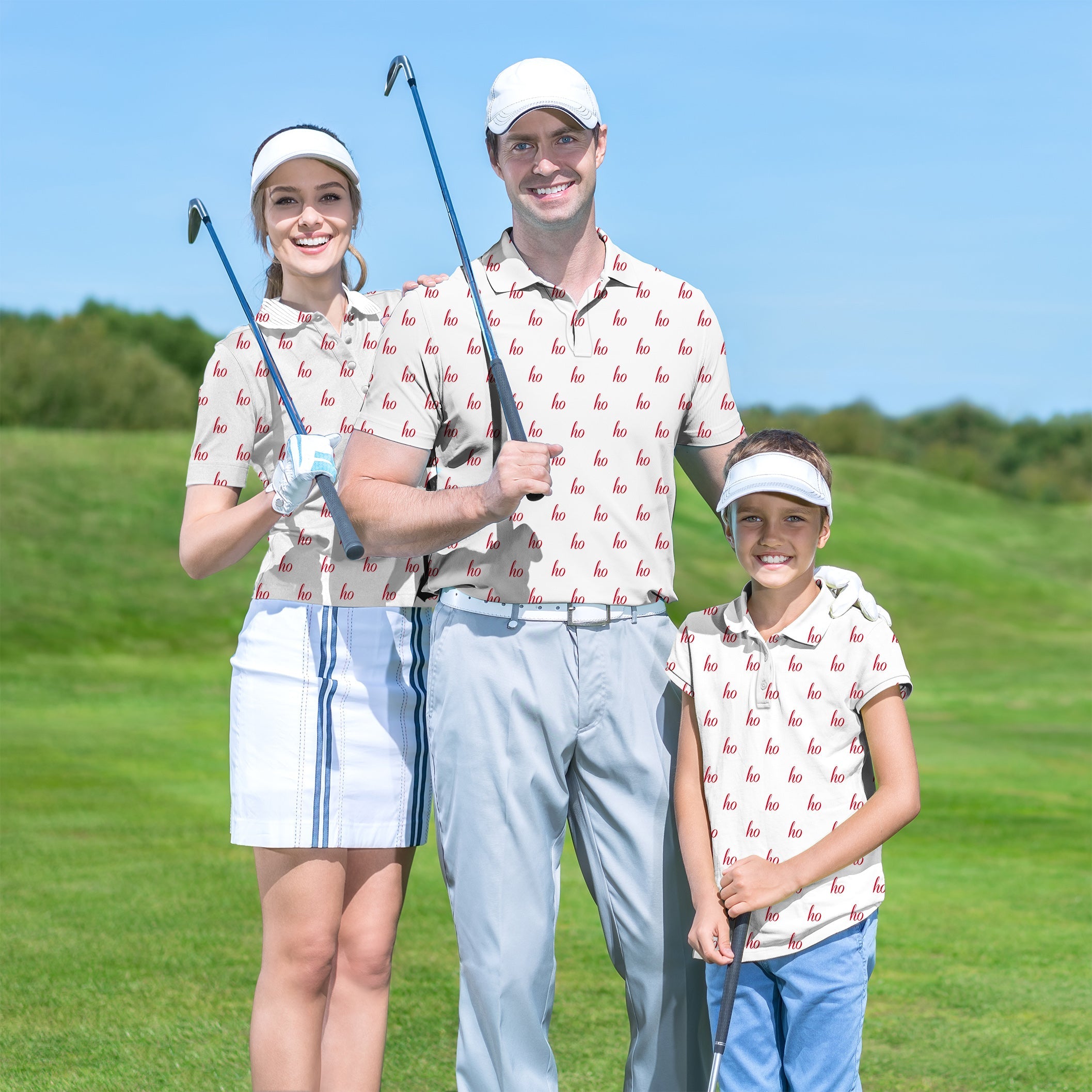 Family wearing white custom name golf shirts with personalized prints on a sunny golf course