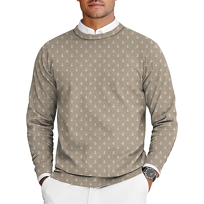 Beige anchor men's golf crewneck pullover sweater with white anchor pattern