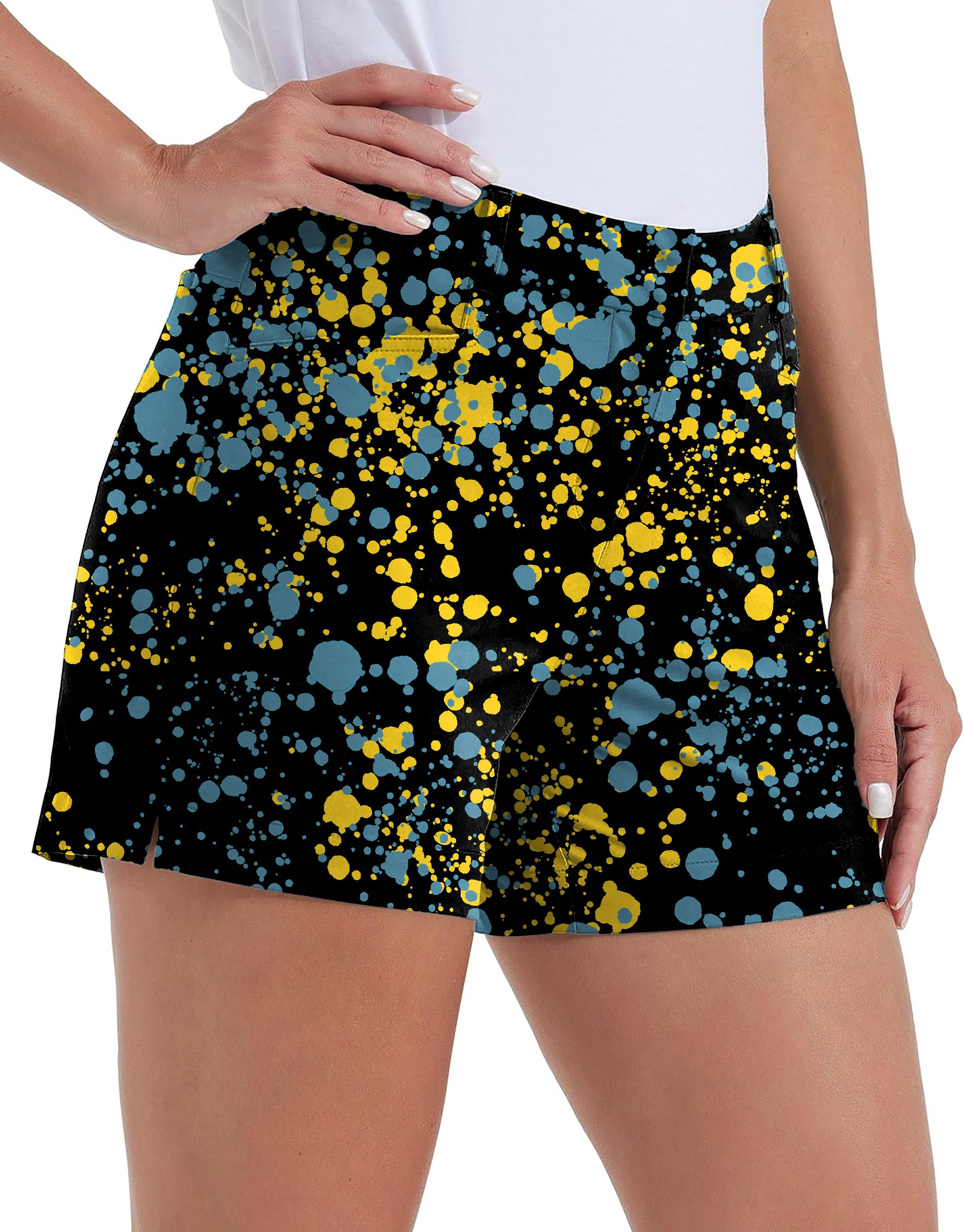 Women's blue and yellow paint splatter quick-drying golf shorts with pockets and waterproof fabric