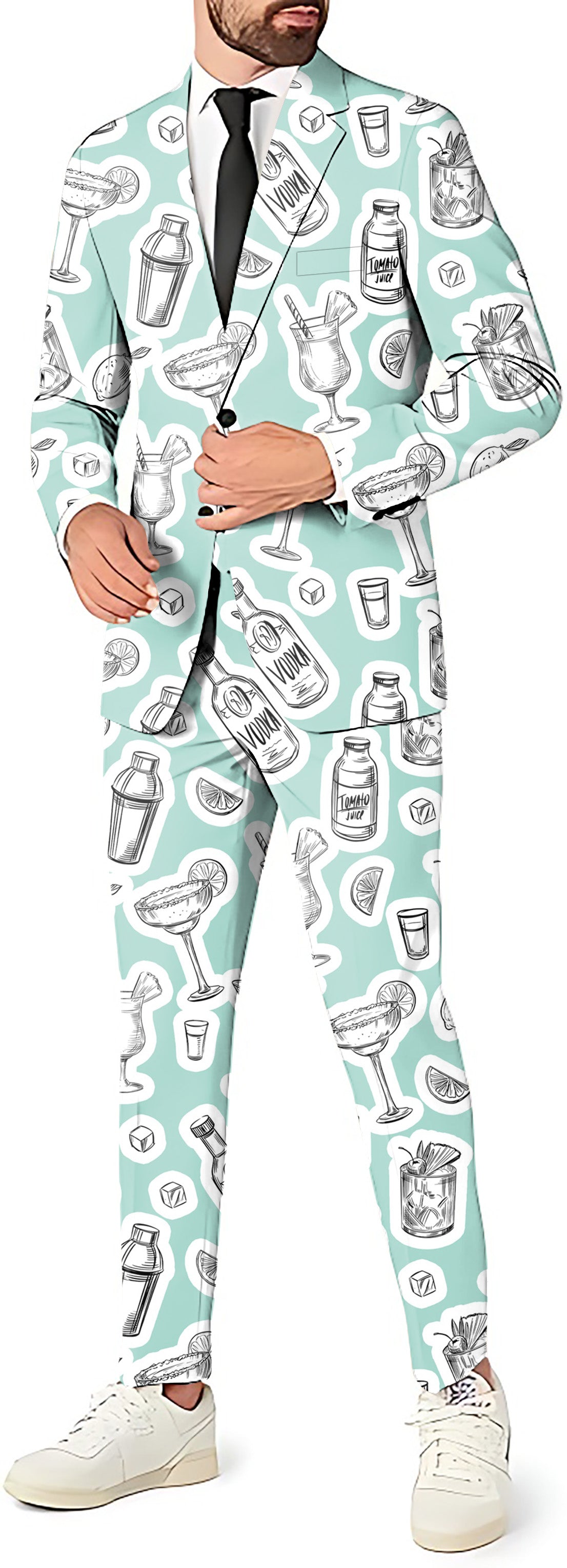 Men's party suit with alcohol cocktails print blazer, pants, and vest set