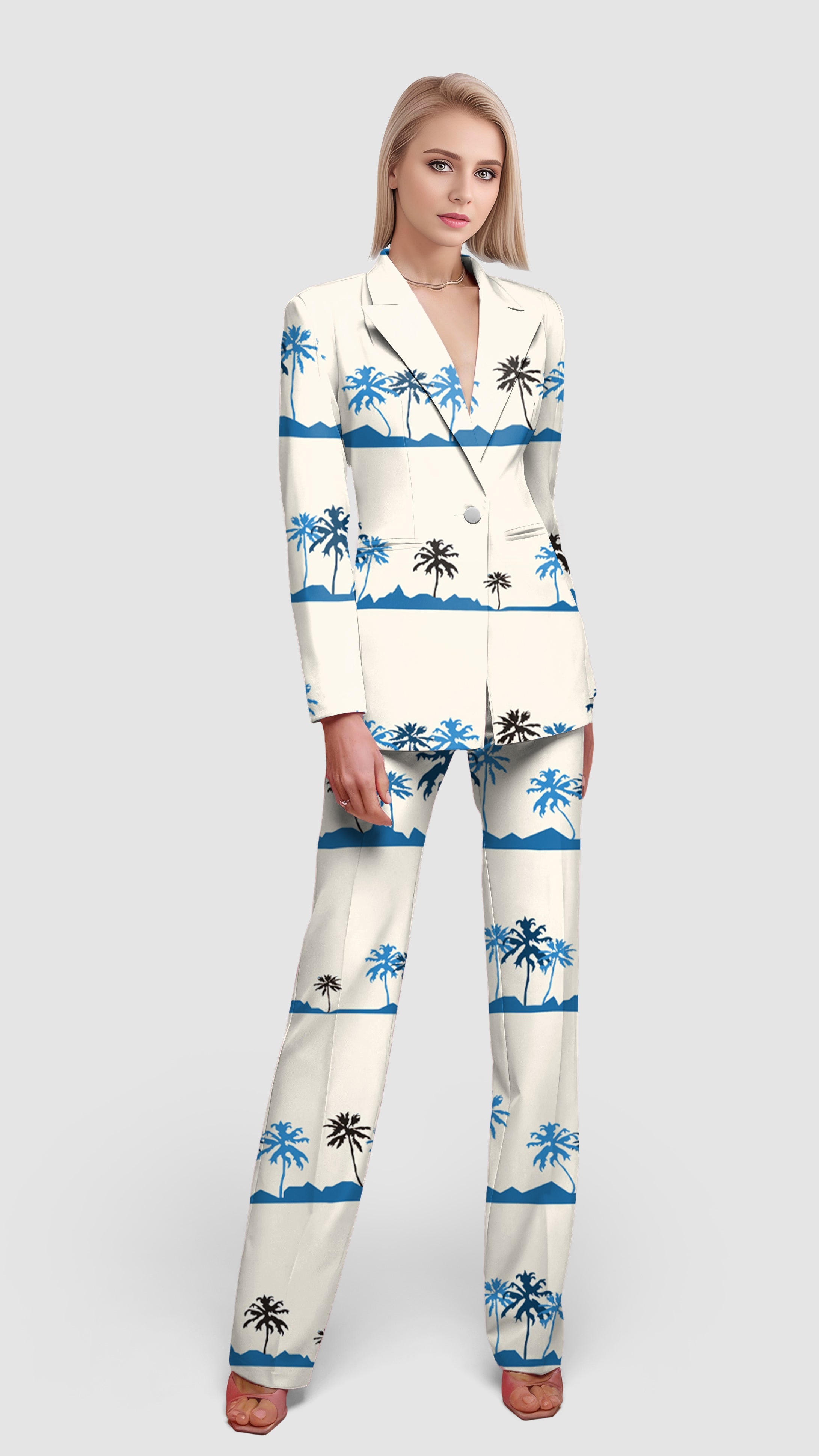 Women's blazer suit set with palm tree print, casual work office style, single front button, flap pockets, paired with skinny jeans or boots.