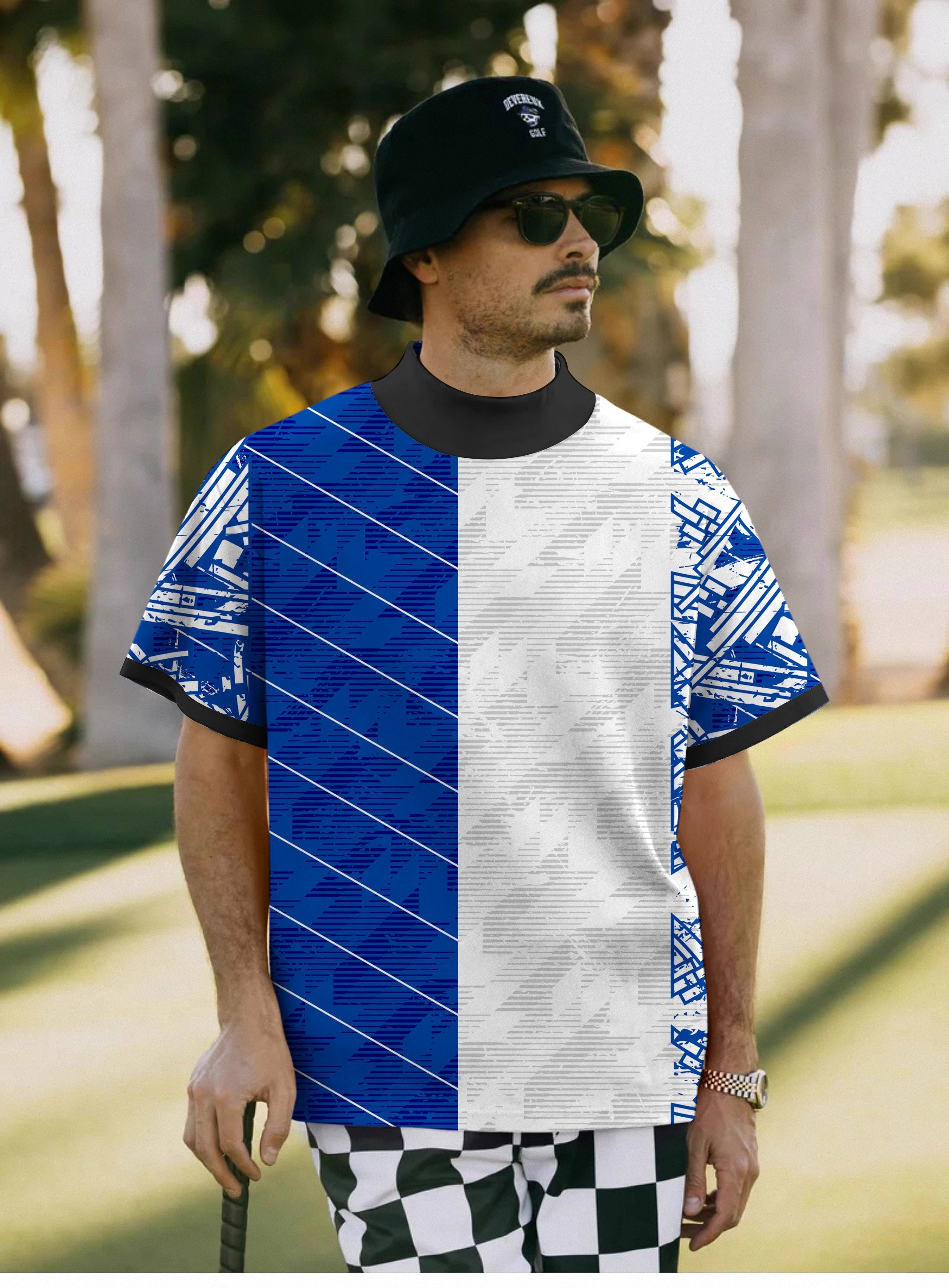 Men's blue stitching custom sport team competition pullover t-shirt with high neck and short sleeves