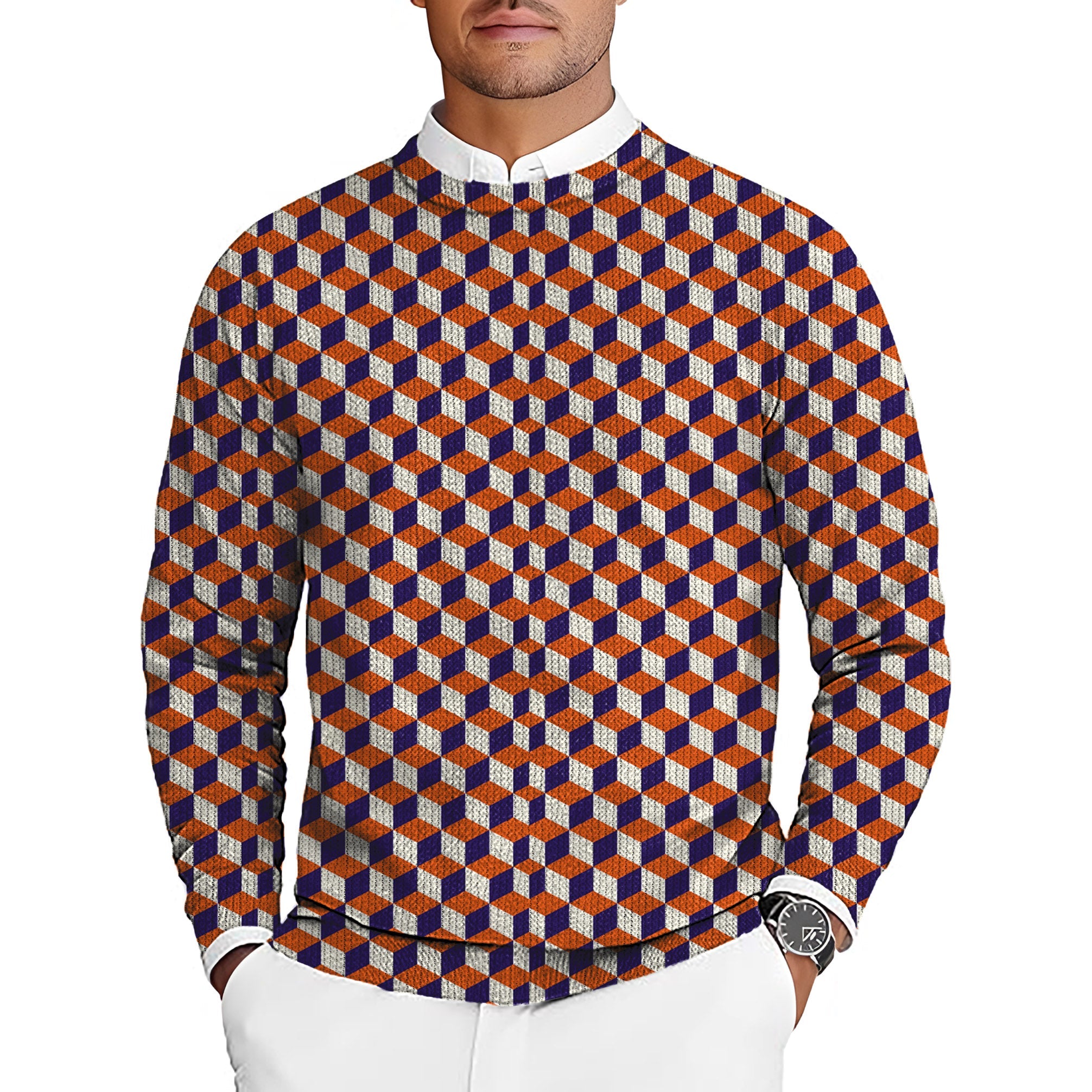 men's golf crewneck pullover sweater with orange 3d square box pattern