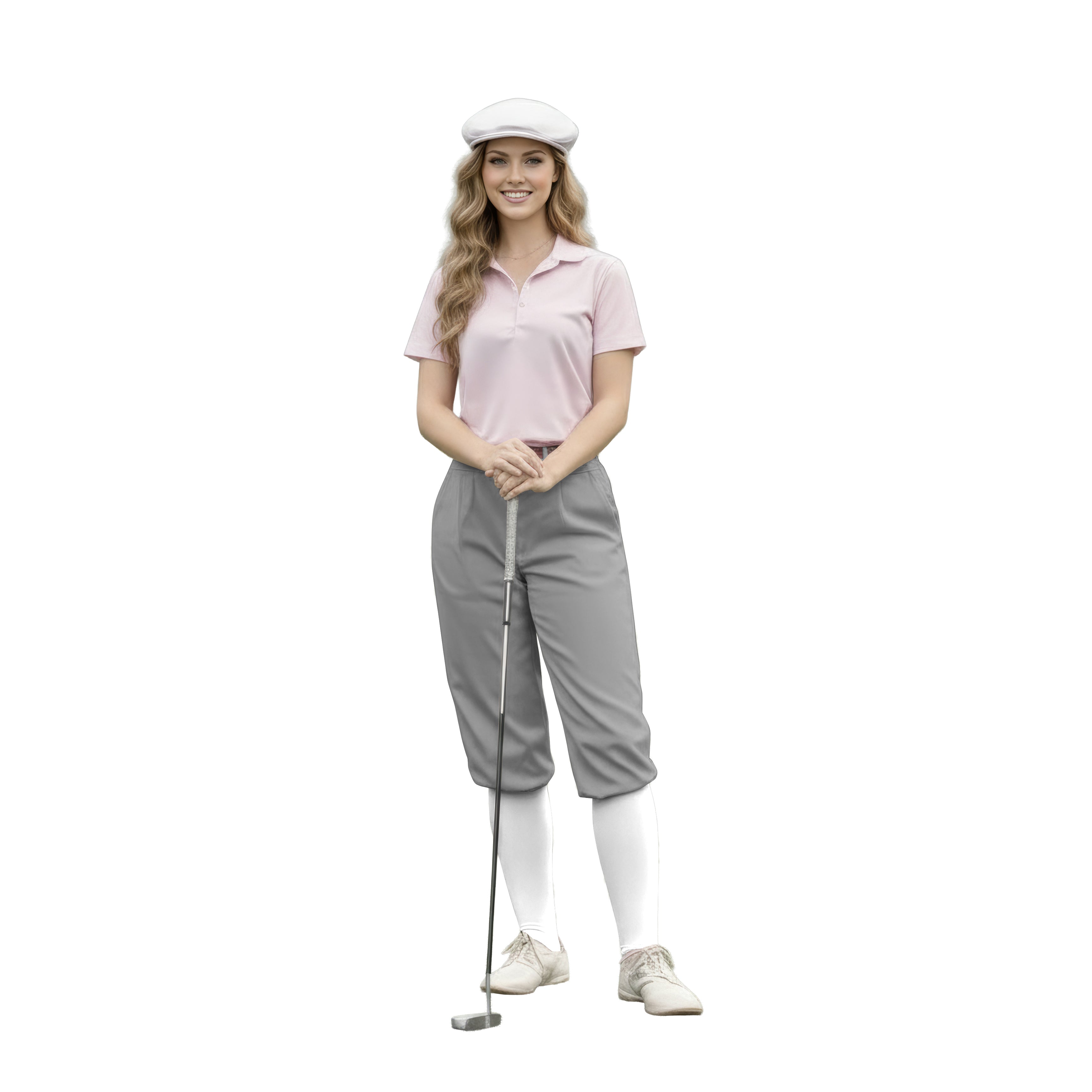 Woman wearing pure gray womens golf knickers pants with pink polo shirt and white cap holding golf club