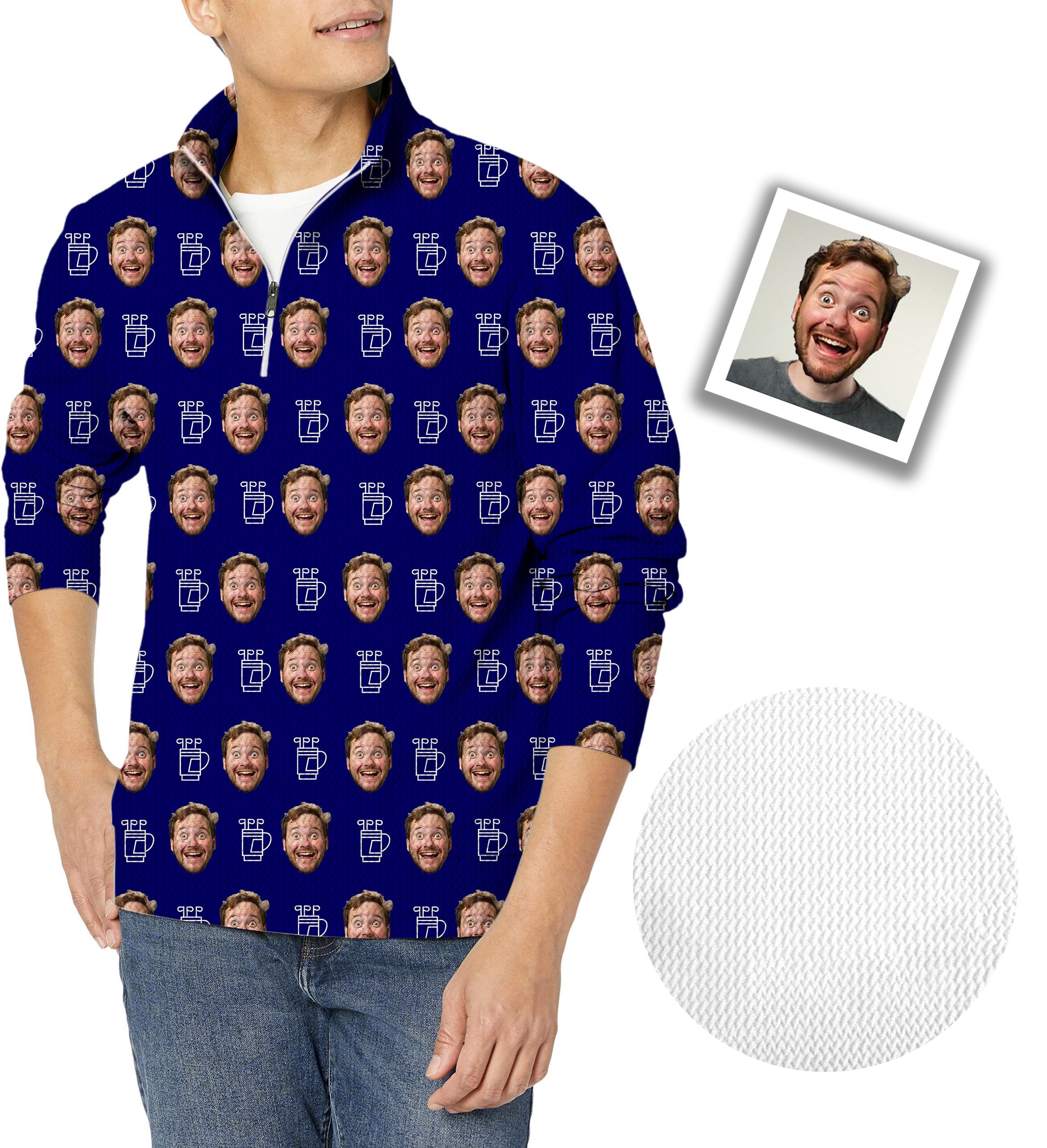 Men's Custom Photo Funny Face Golf Cart Waffle Zipper Pullover Gift