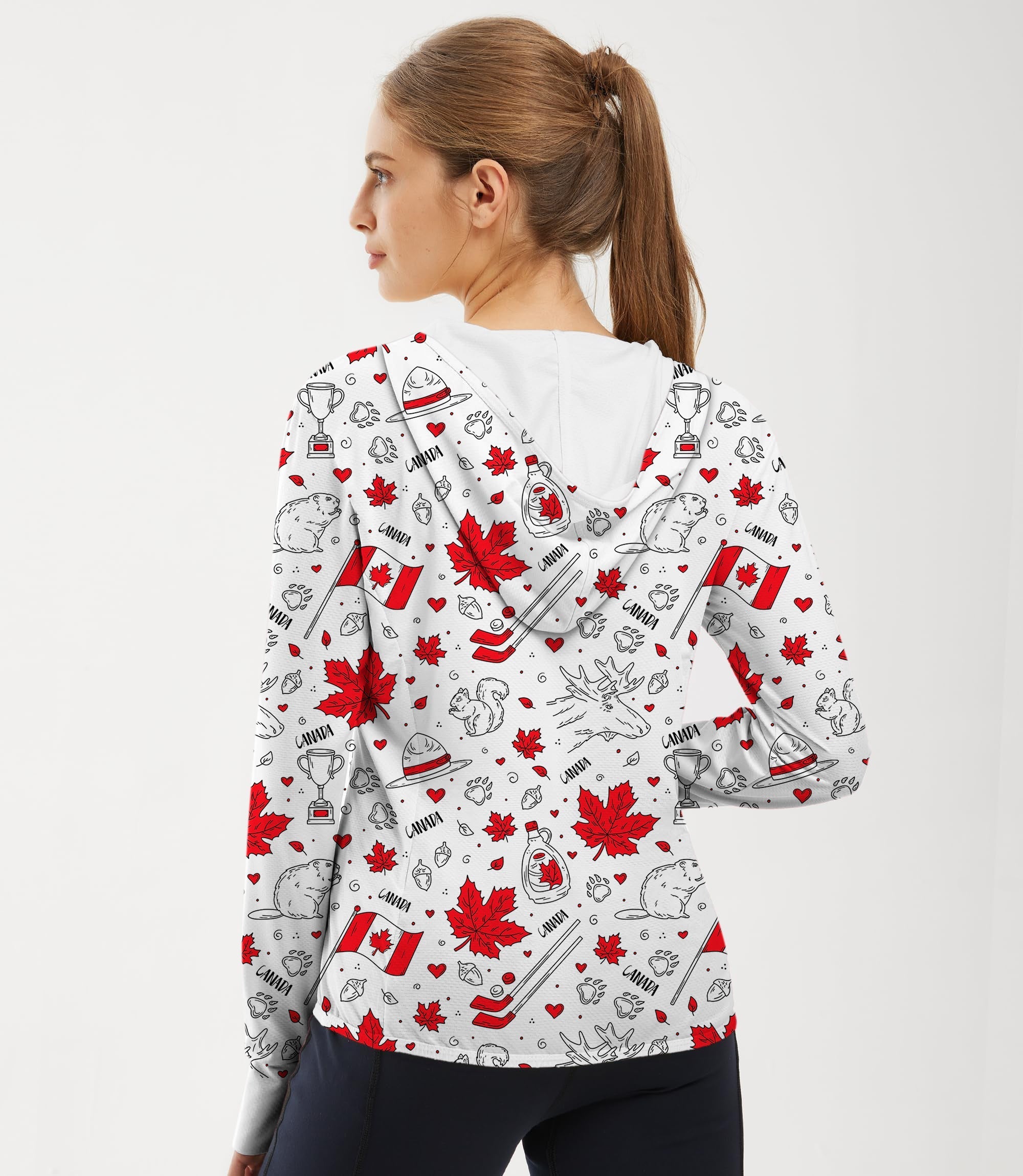 Women's outdoor white zip hoodie with Canadian balloon squirrel and red maple leaves pattern for sun protection and slim fit