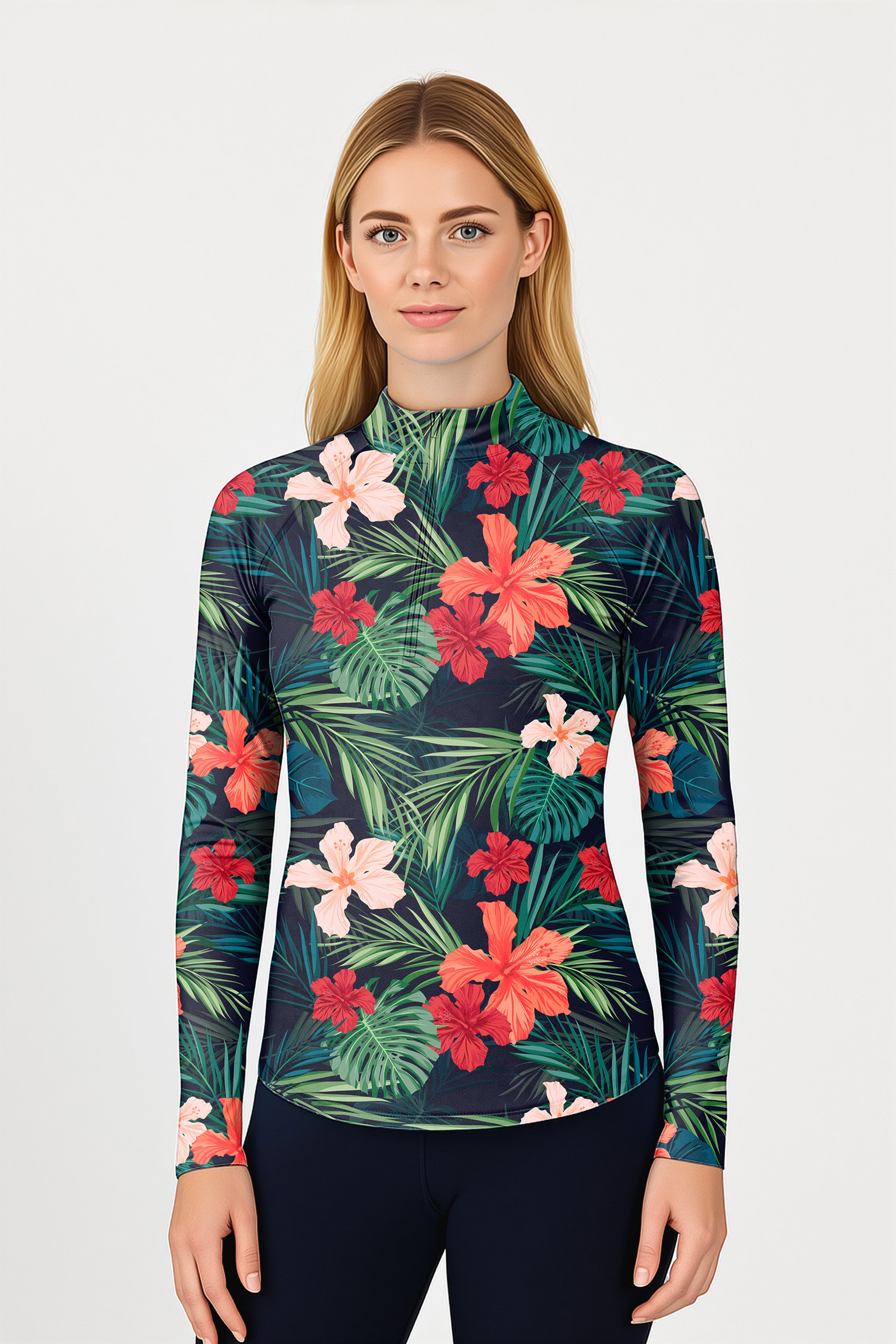 Jungle Hibiscus Women's Golf Active 3/4 Zipper Top Long Sleeves