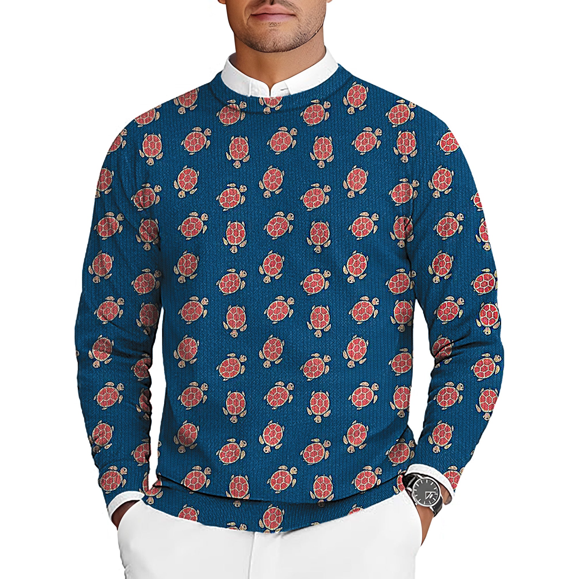 Blue and Turtle Men's Golf Crewneck Pullover Sweaters Ugly Sweater