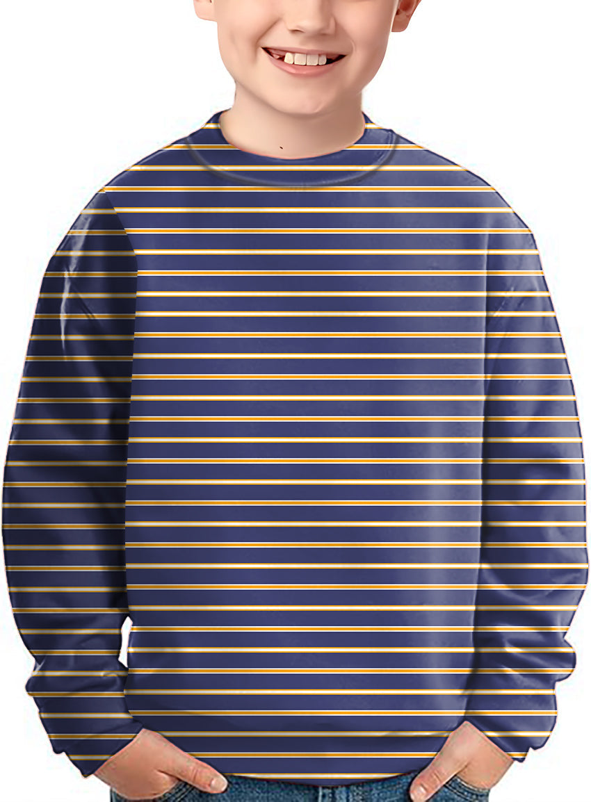 Navy blue and orange striped crewneck pullover for kids with long sleeves
