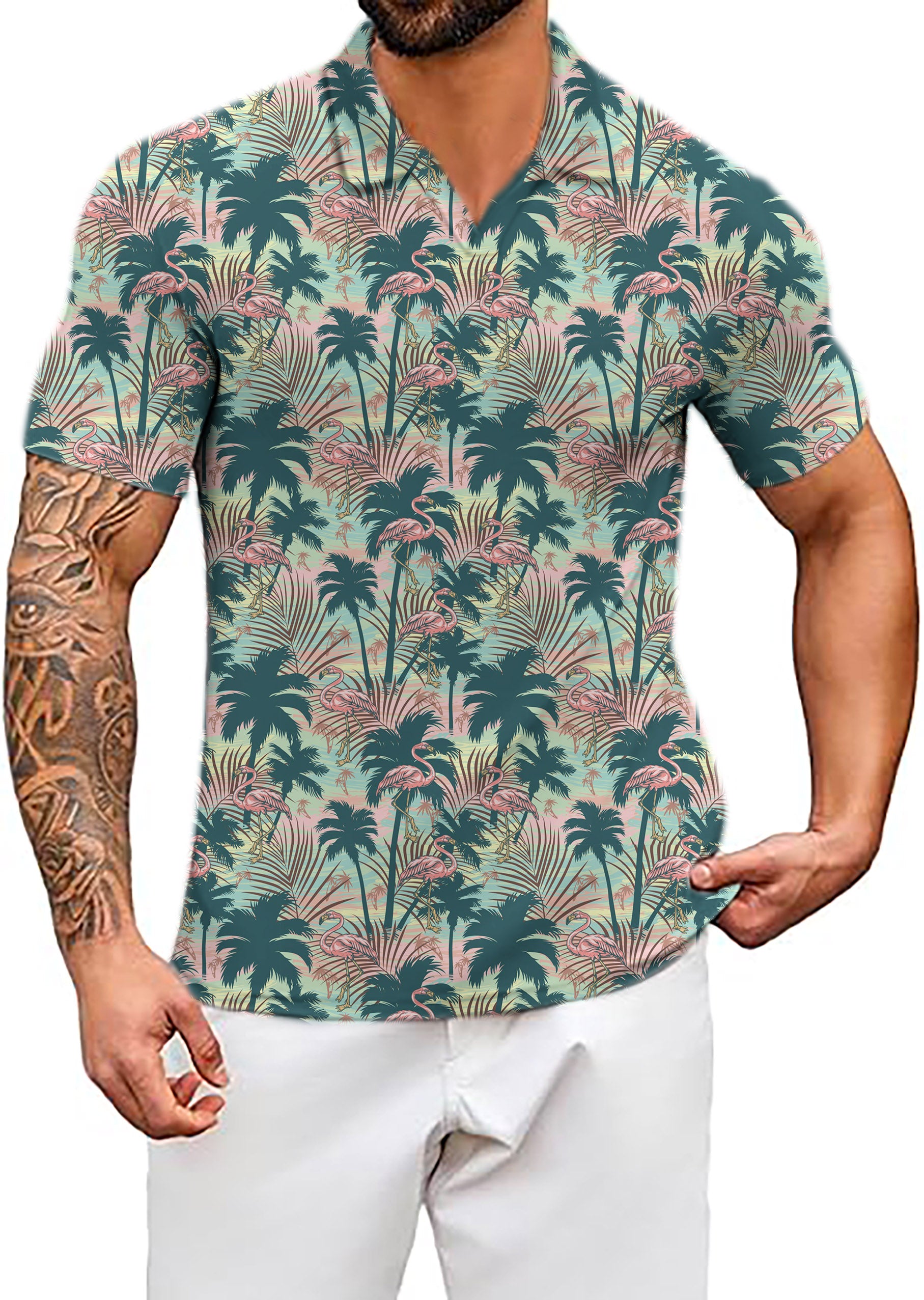 Men's Dazed Flamingo V Neck Golf Polo Shirts
