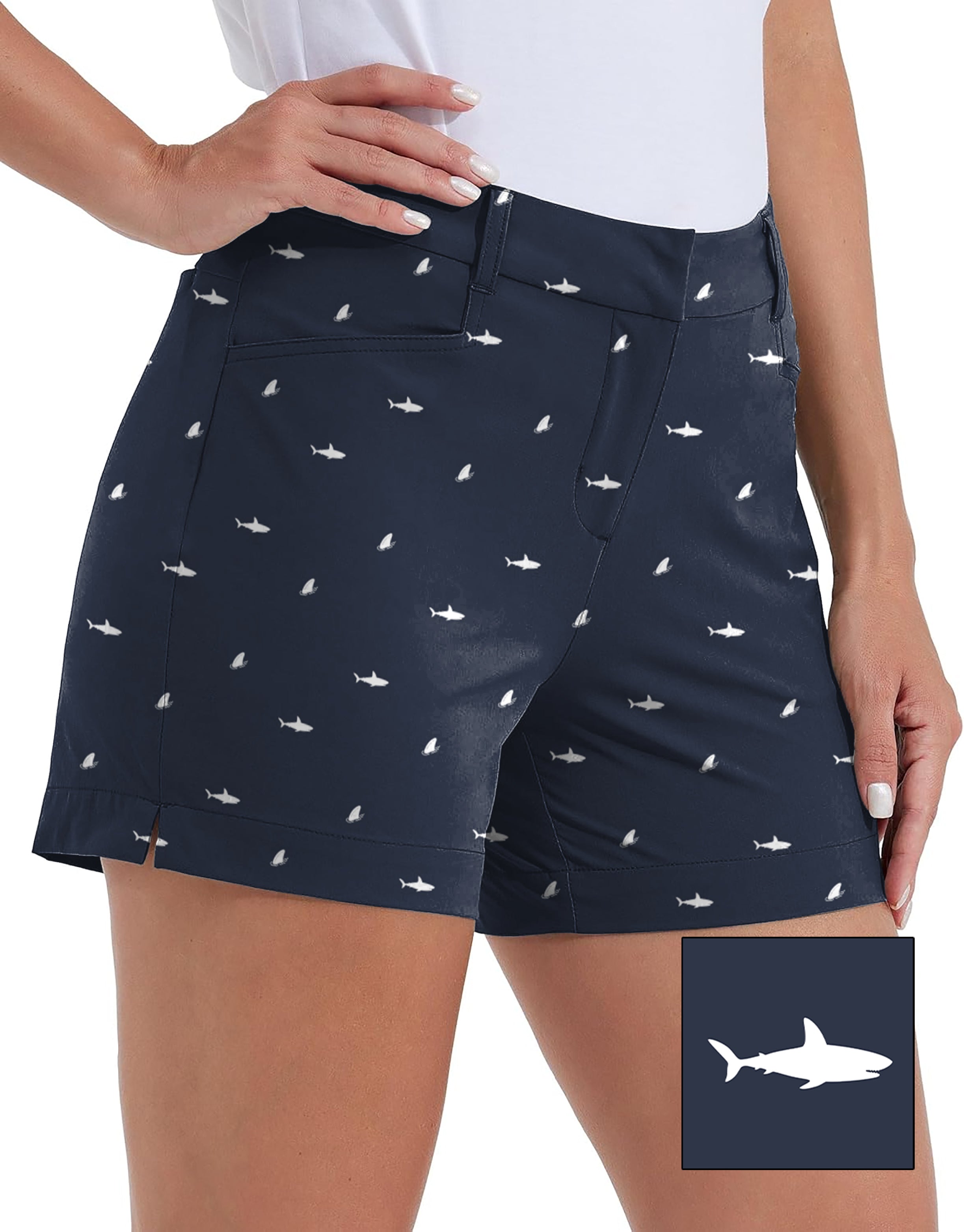 Women's navy quick-dry golf shorts with white shark and fin print and pockets