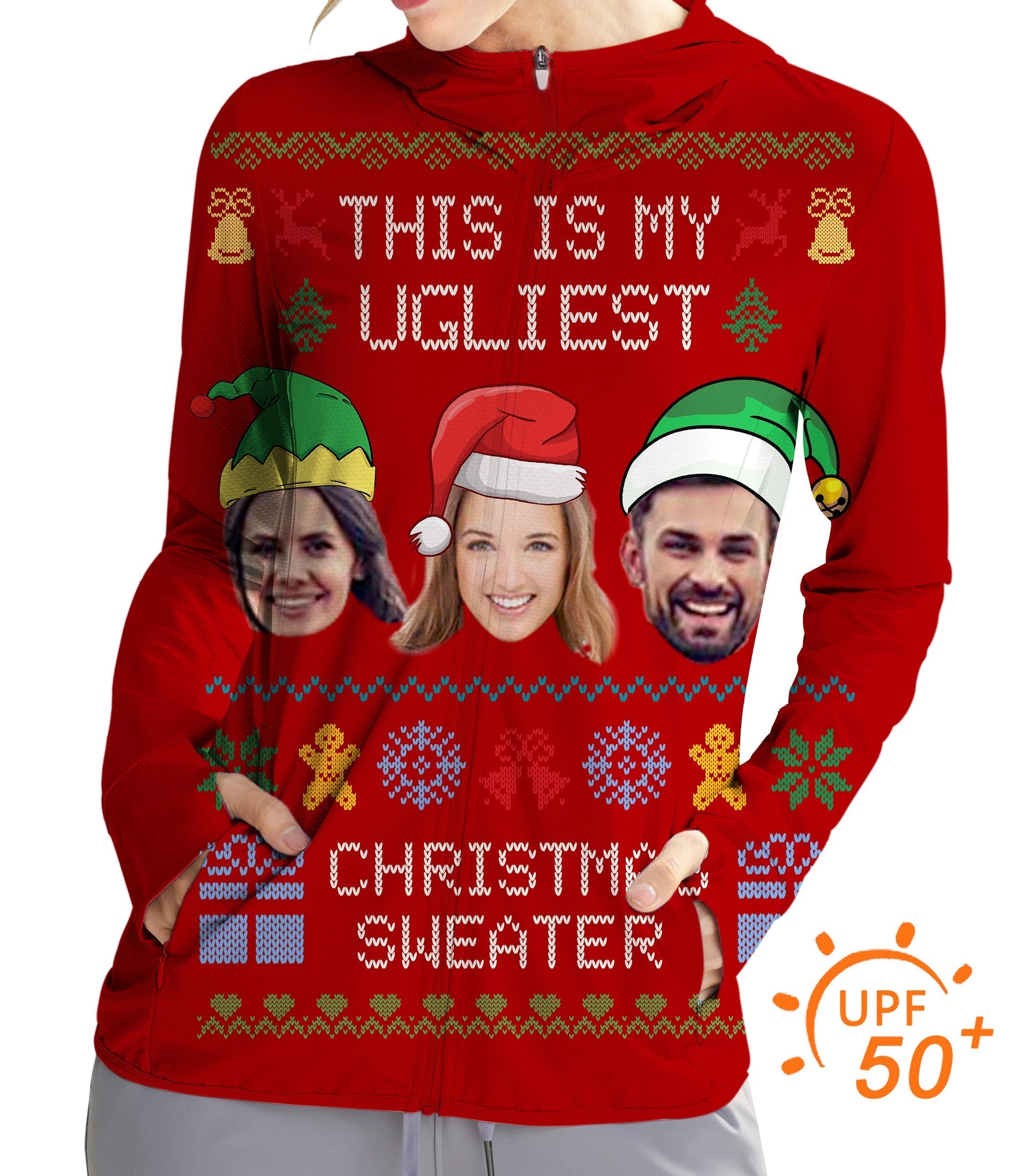 Women's Outdoor Red-Christmas custom face golf sun protection slim fit zip hoodie with UPF 50+ and festive design