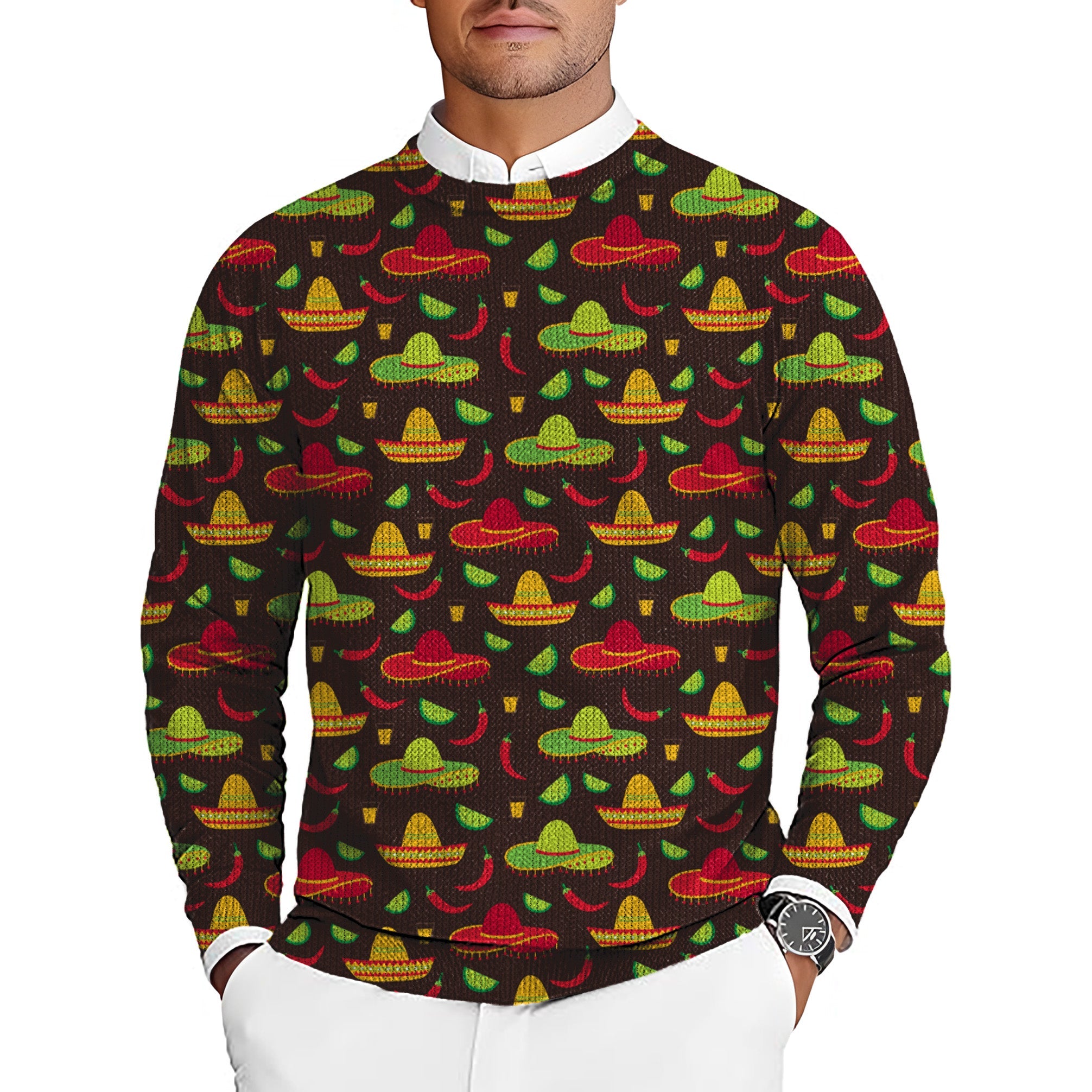 Taco Tuesday Men's golf crewneck pullover sweater with colorful sombrero pattern
