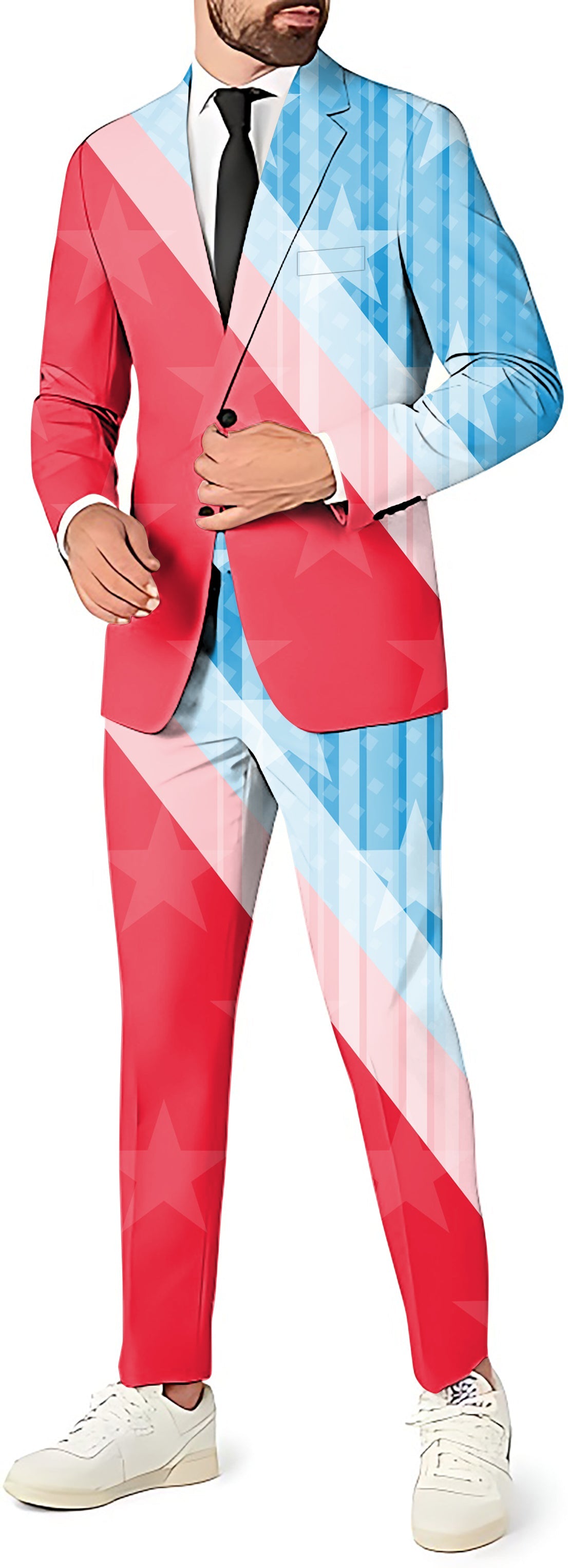 Team USA men's party costume suit set with blazer, pants, and vest in red, white, and blue design