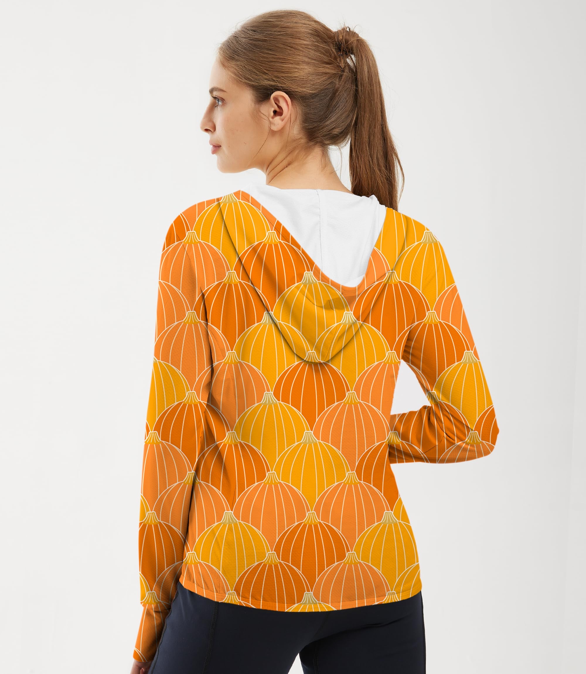 Women's outdoor slim fit zip hoodie with Halloween pumpkin design and sun protection features