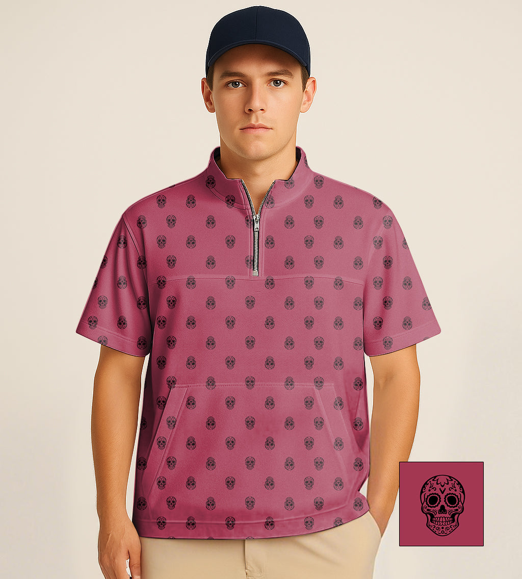 Half zipper turtleneck golf shirt with skull pattern and customizable embroidery