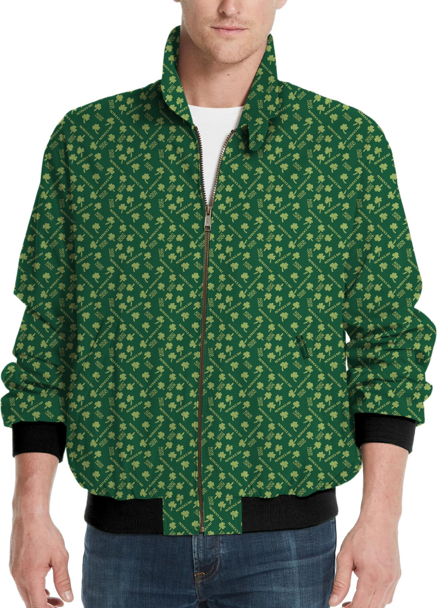 Men's windbreaker jacket with green leaf clover pattern for St. Patrick's Day golf tournament