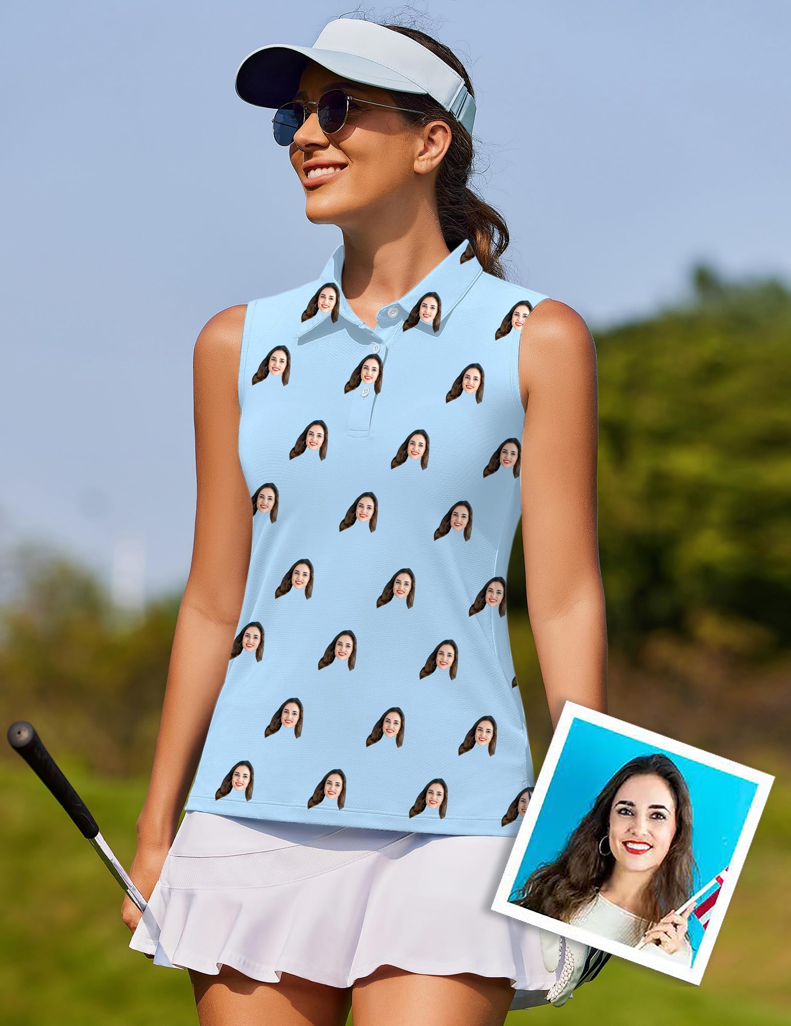 Custom photo funny face women's sleeveless golf shirt with personalized face prints