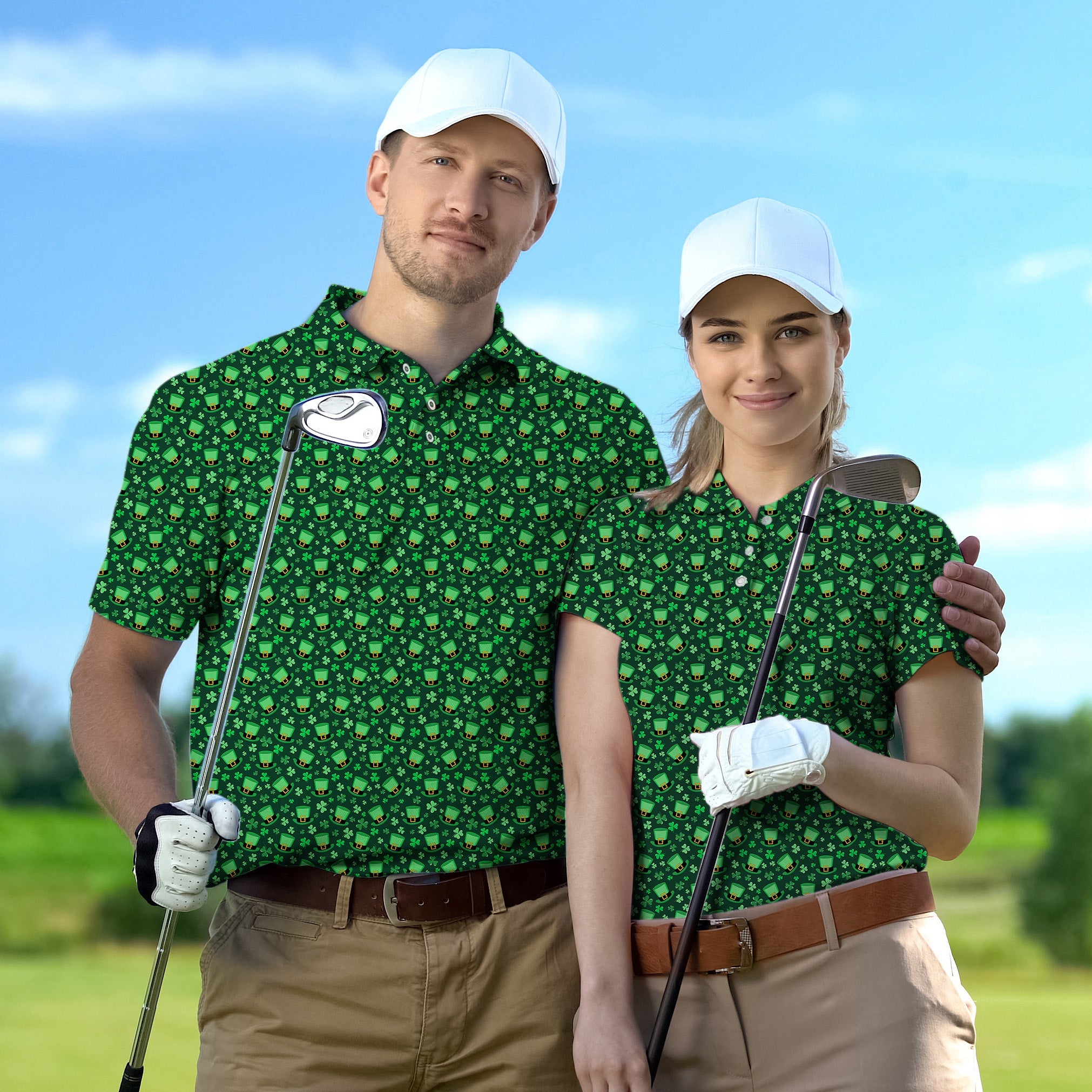 Golf couple wearing St. Patrick's Day themed polos with leprechaun hat and clover leaf pattern playing golf outdoors