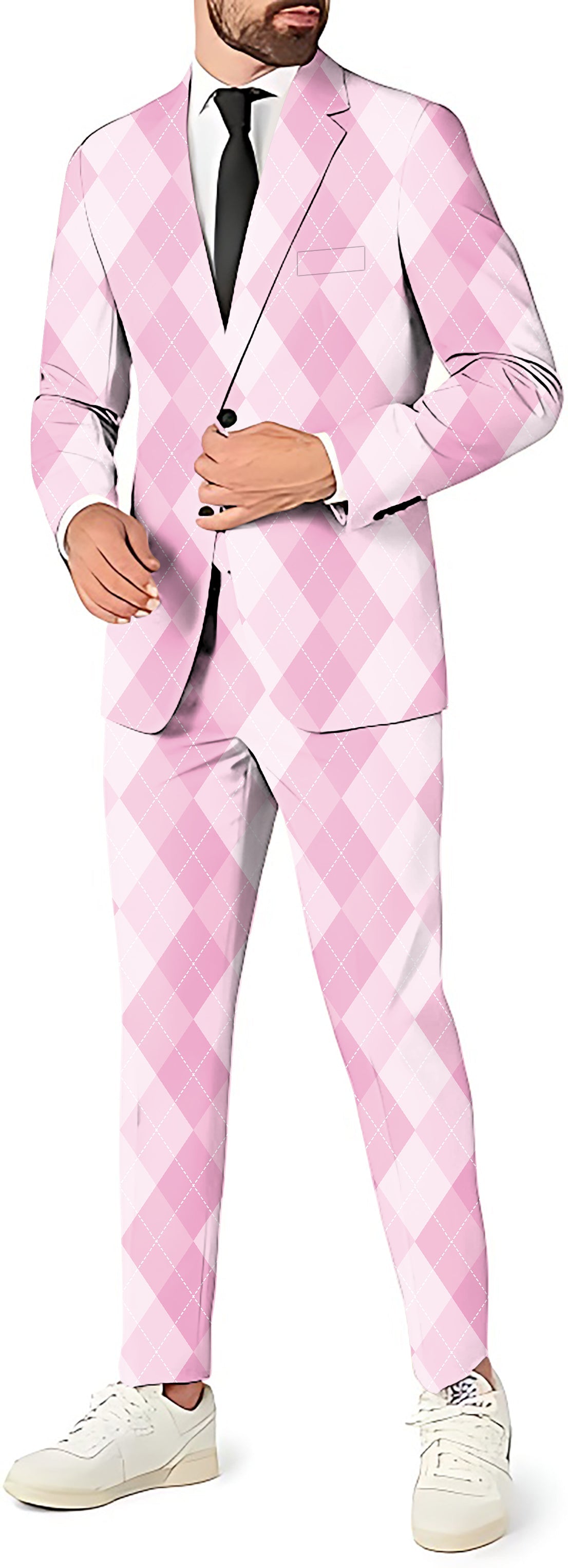 Men's pink Argyle suit with blazer, pants, and vest for theme parties and events