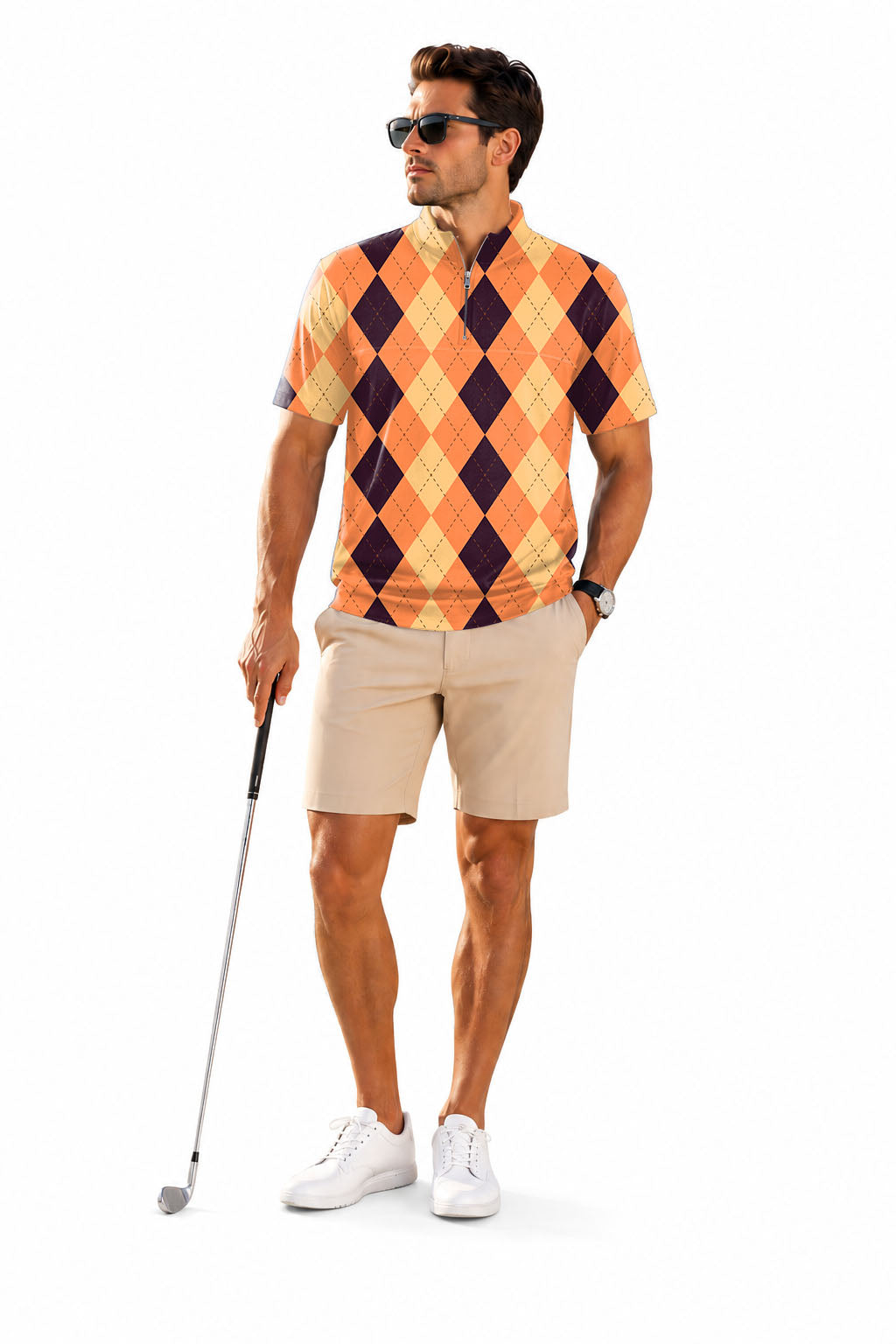 Men's Short Sleeve Quarter Zip Golf Pullover Halloween Light Yellow Red Argyle Embroidery