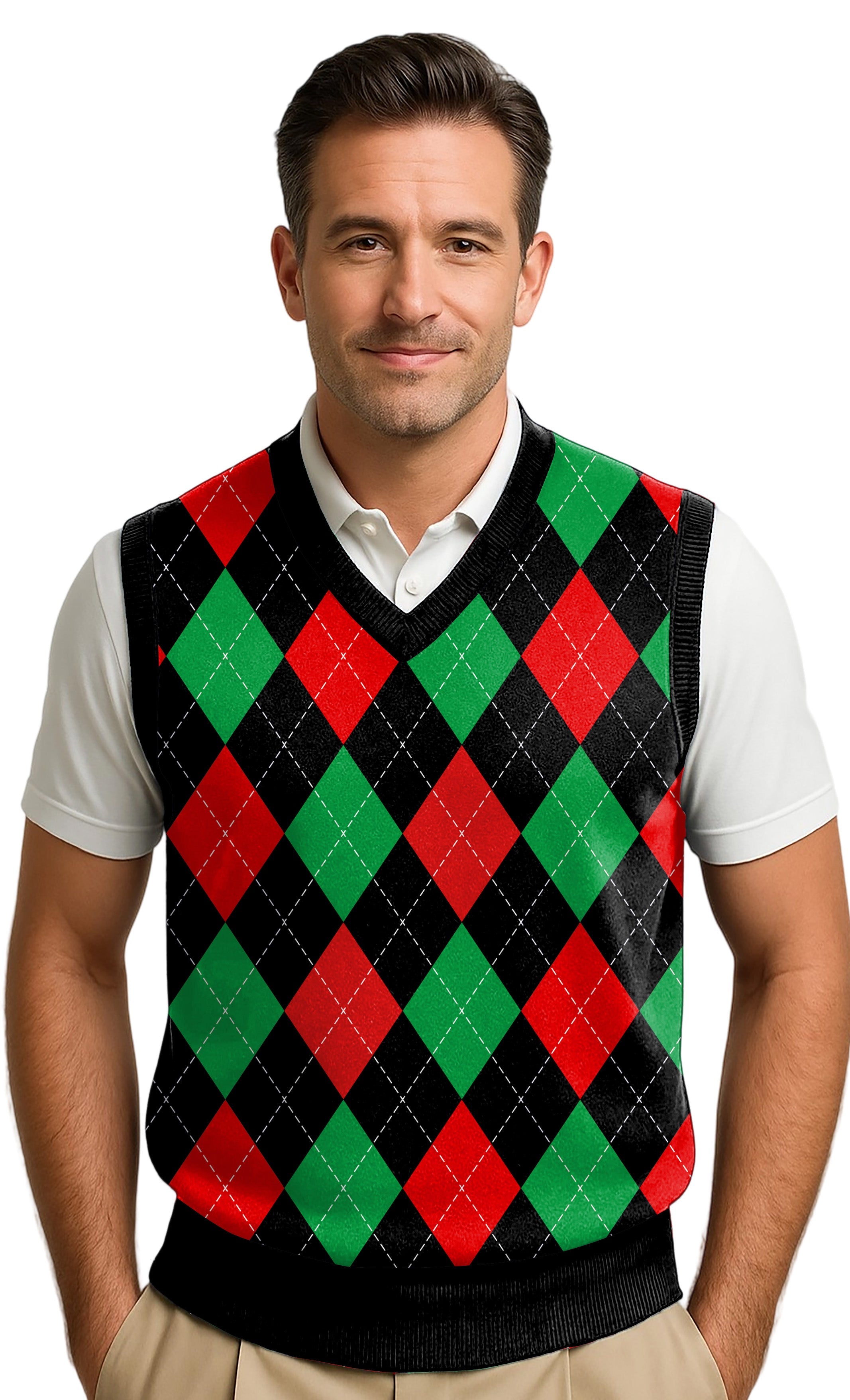 Men's argyle sweater vest in black, red, and lime with breathable wool blend fabric