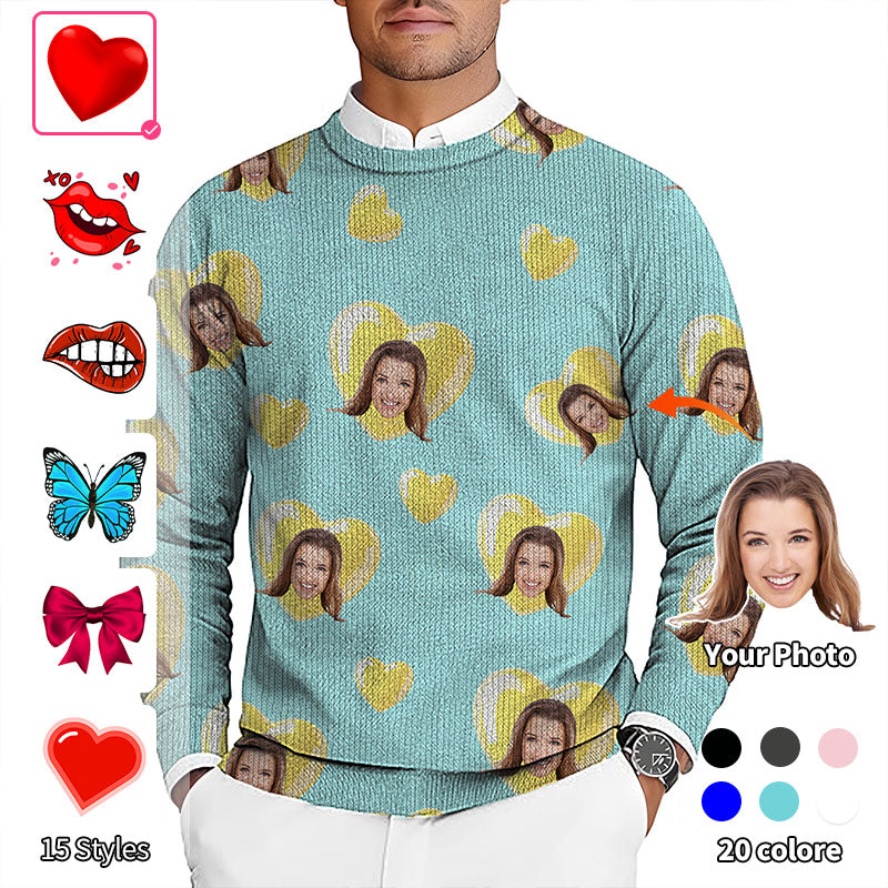 Valentine's Day Custom Photo Face Custom Color Green Blue Men's Golf Crewneck Pullover Sweaters Ugly Sweater