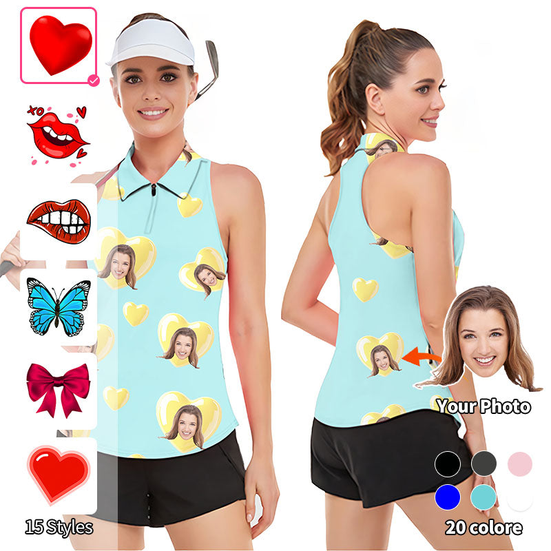 Valentine's Day Custom Photo Face Custom Color Green Blue Love Women’s Sleeveless Golf Tank Top Shirt Polo