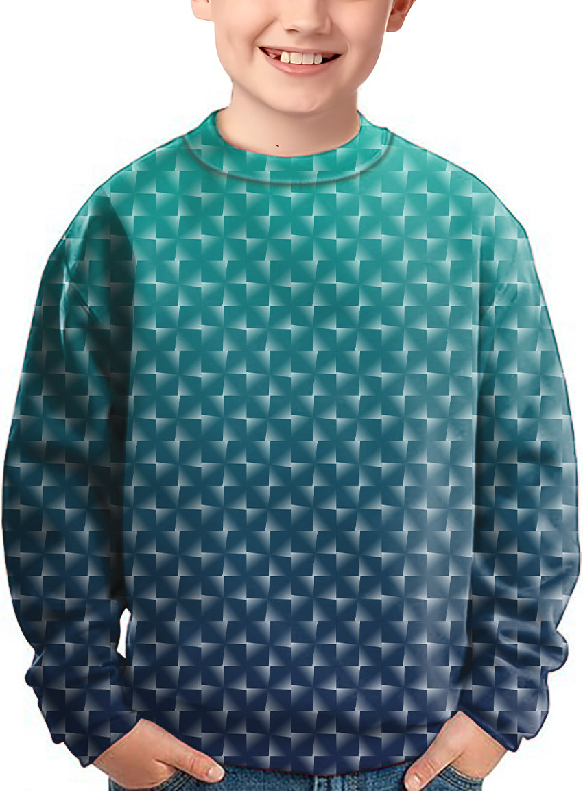 Cyan gradient custom kids sport team crewneck pullover with geometric pattern
