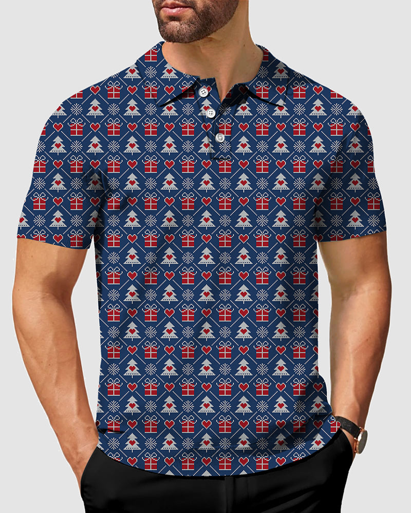 Men's Christmas gift Polo shirt with festive pattern, four-way stretch, moisture-wicking fabric, and classic fit