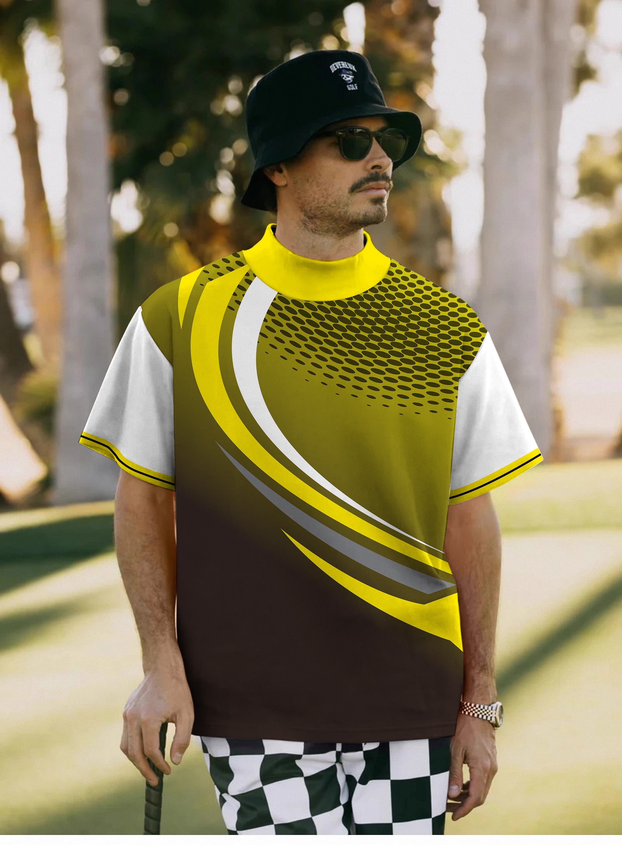 Men's yellow black custom sport team competition pullover t-shirt with high neck and short sleeves