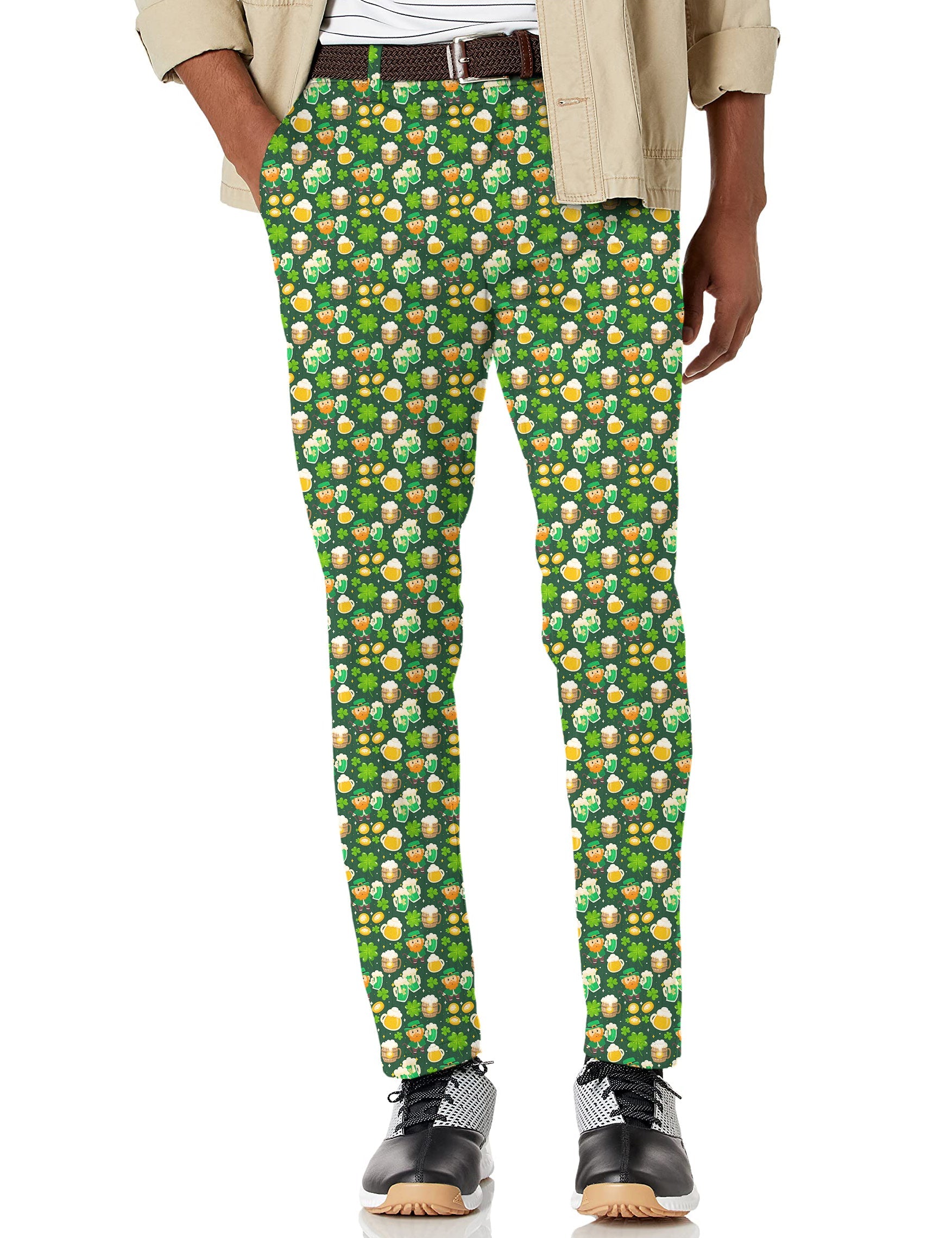 Men's green beer clover leaf St. Patrick's Day stretch golf pants with moisture-wicking fabric
