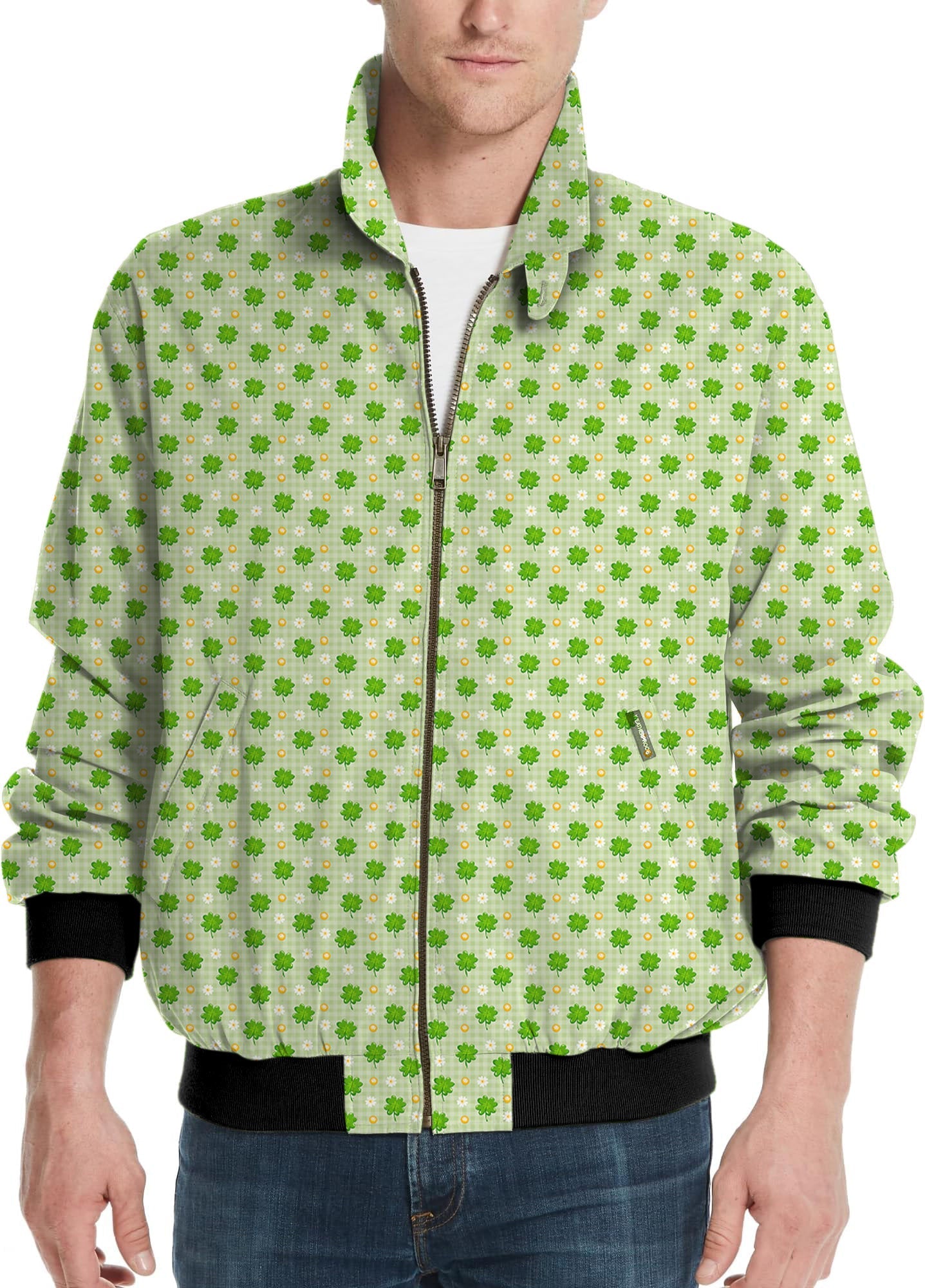Men's golf windbreaker jacket with green leaf clover pattern for St. Patrick's Day